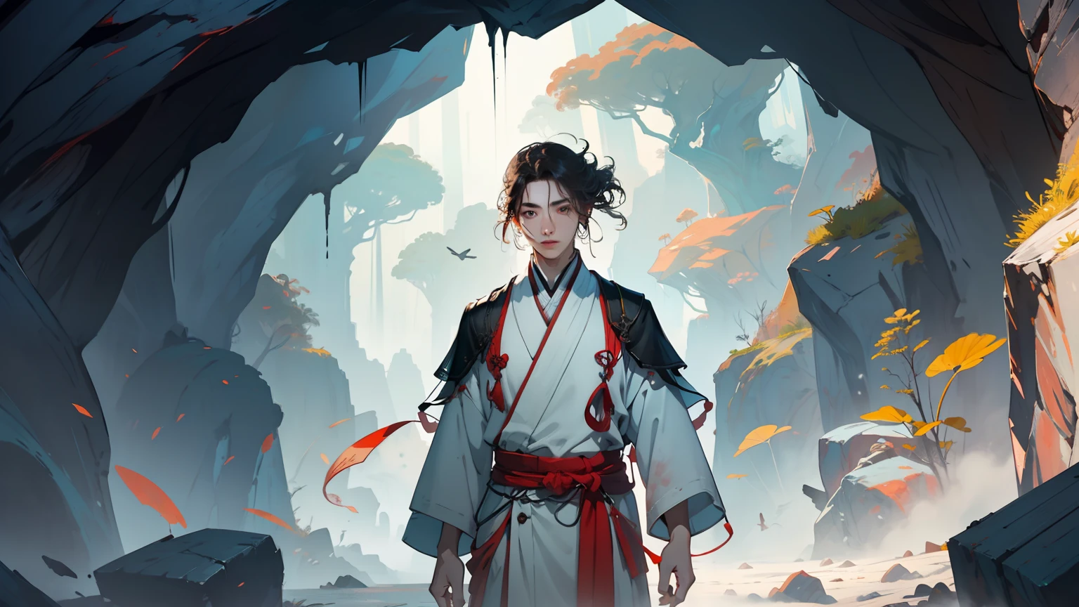 cave entrance，Young man dressed in Chinese white，Half body facing the camera，In the background is a cave，Ancient wind，Beautiful CG quality，Clear and detailed description，Hearty shots，Rich and superb local details，Intoxicating light and shadow effects，Beautiful and beautiful overall atmosphere