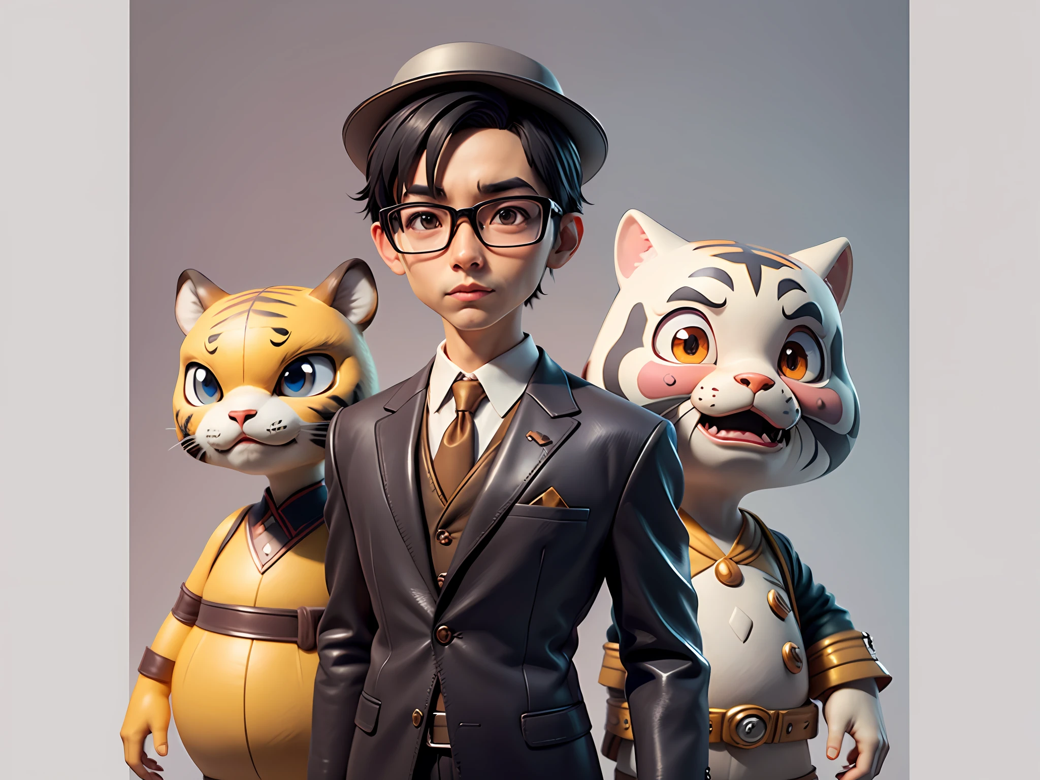 Young man with oriental face in leather hat, tiger, oriental face in formal suit, short black hair, silver glasses, digital painting, 3D character design by Mark Clairedon and Pixar and Hayao Miyazaki and Akira Toriyama, the illustration is a high-definition illustration in 4K resolution with very detailed facial features and cartoon-style visuals.