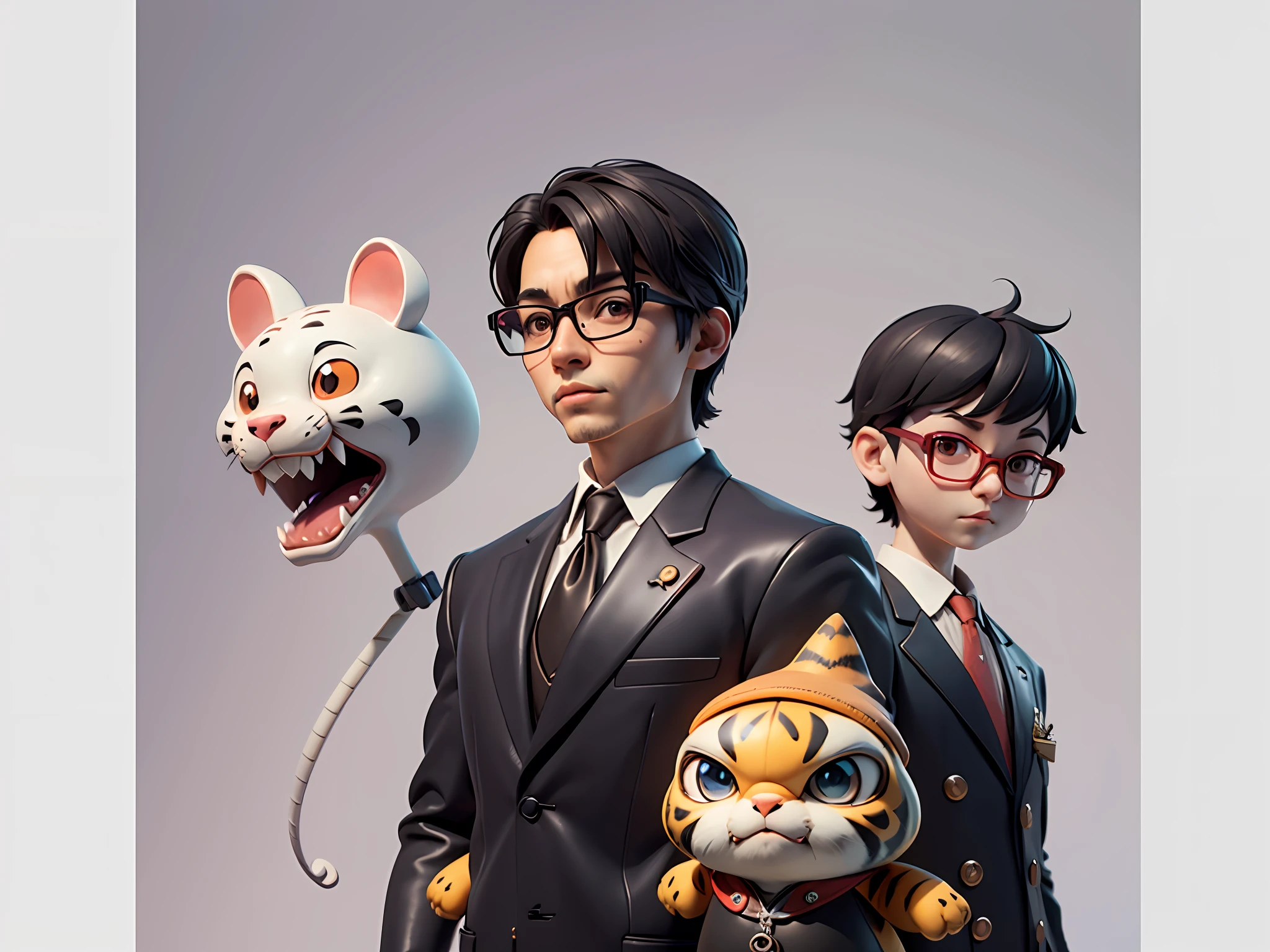 Young man with oriental face in leather hat, tiger, oriental face in formal suit, short black hair, silver glasses, digital painting, 3D character design by Mark Clairedon and Pixar and Hayao Miyazaki and Akira Toriyama, the illustration is a high-definition illustration in 4K resolution with very detailed facial features and cartoon-style visuals.