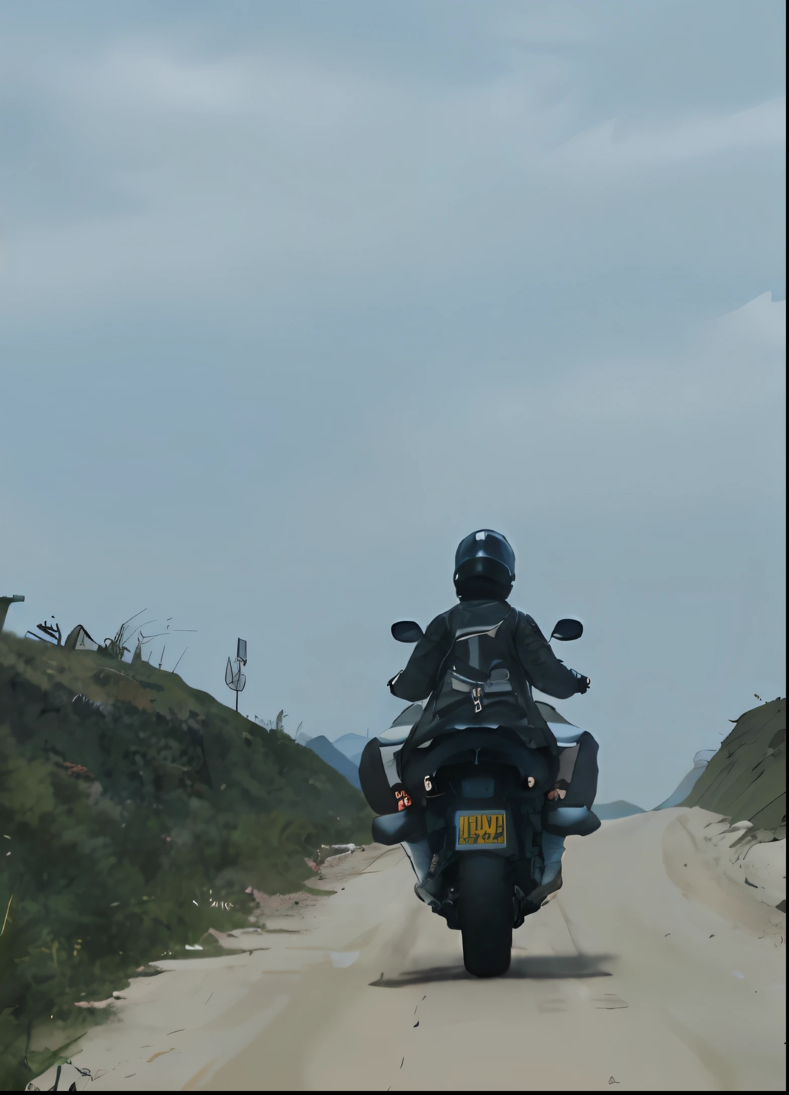 There was a man riding a motorcycle on a dirt road, riding on the road, the road is accessible, riding motorcycles, tour, dakar motorbike, the motorcycle, on road, rear-shot, iphone capture, motorbiker, Sri Lankan Mad Max style, shot on iphone, looking this way, riding a motorcycle, riding a motorbike down a street --auto