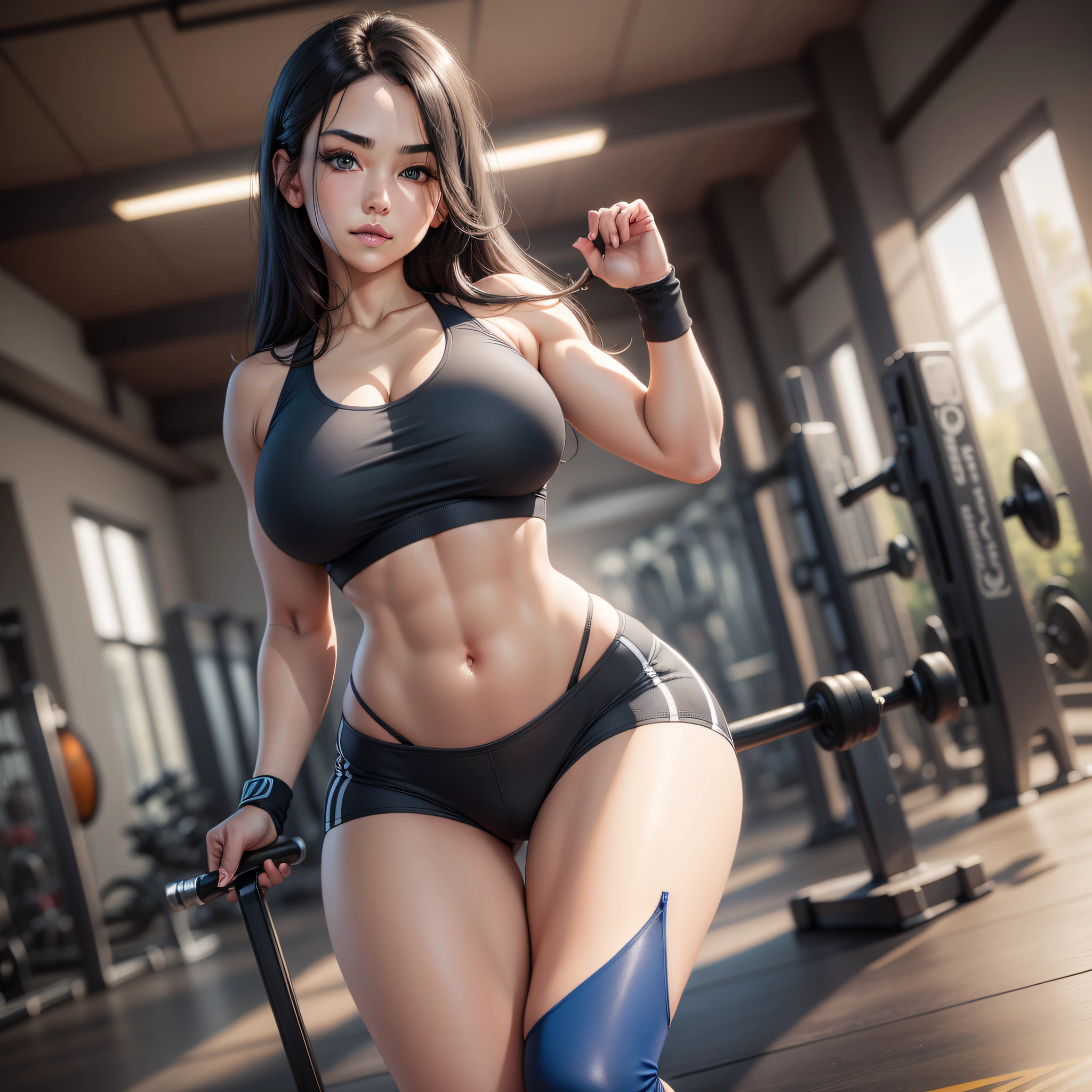 Hay una mujer con un top azul y pantalones cortos negros en un gimnasio, fitness model, Chica en forma, Physical sports, con ABS, en un gimnasio, Hacer ejercicio, cuerpo tonificado, atletic body, Cuerpo fuerte, Cuerpo y cara sexy, Cuerpo en forma, cuerpo perfecto, pose fuerte,