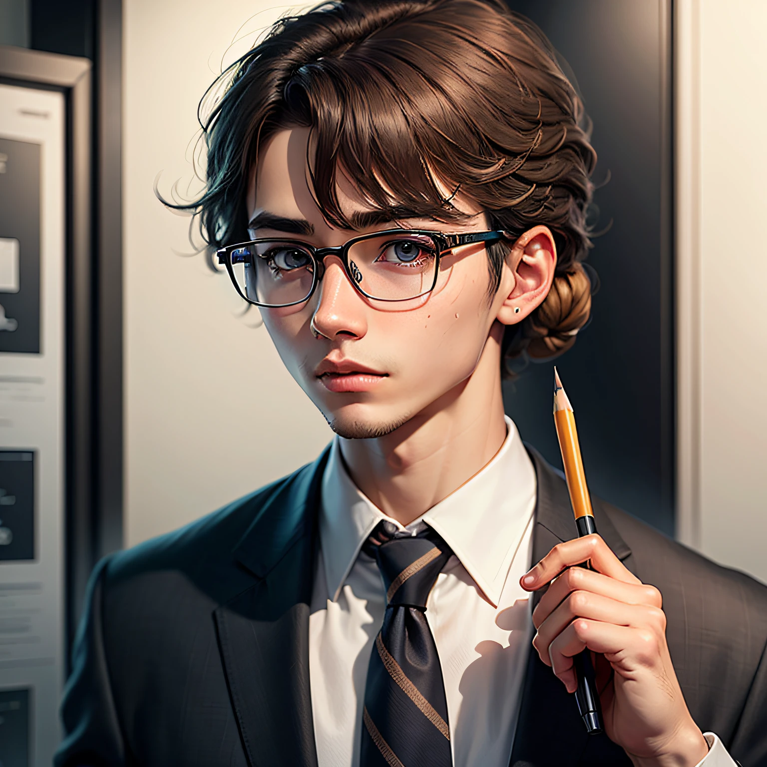 A brown-haired boy,Hair tied and glasses。He had a pencil tucked into his ear,Brown eyeballs appear fresh and natural。Clean face,While wearing a white Business suits。Realistic graphics,Thick eyelashes。upperbody closeup,8K high-definition。The picture is of high quality、high detal。