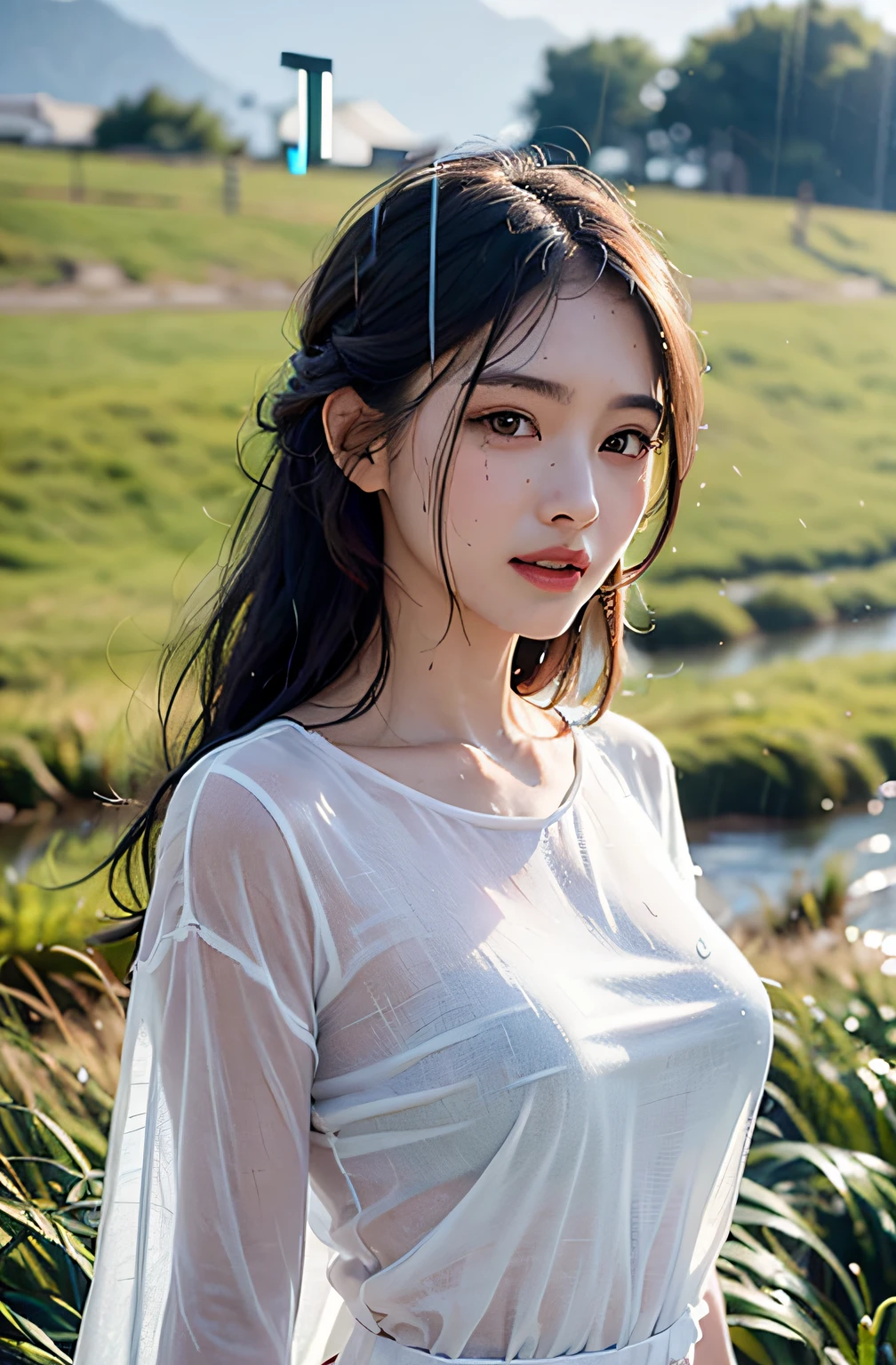 best qualtiy、masterpiece、photoRealstic、intricate-detail、Raw foto、Photon Rendering、Octane Rendering、absurderes、ultra-detailliert、A detailed face、Detailed skin、Trending in art stations、8K Masterpiece、lighting like a movie、( (1girl in))、((独奏) ))、((Behold))、CG Social Trends、Plastic En、((Black Long Hair))、((Beautuful Women))、(A smile)、show the grinps、Upper teeth、Fashionable、summer clothing、Hair that flutters in the wind、((Flowing hair))、fashion magazine、(A sexy)、((lighting like a movie))、((grass field))、((a heavy rain))、((stormy))、((Wet with rain))、((wetted skin))、((wetting hair))、((Wet clothes))、((Drenched))、((Clothes are see-through))、