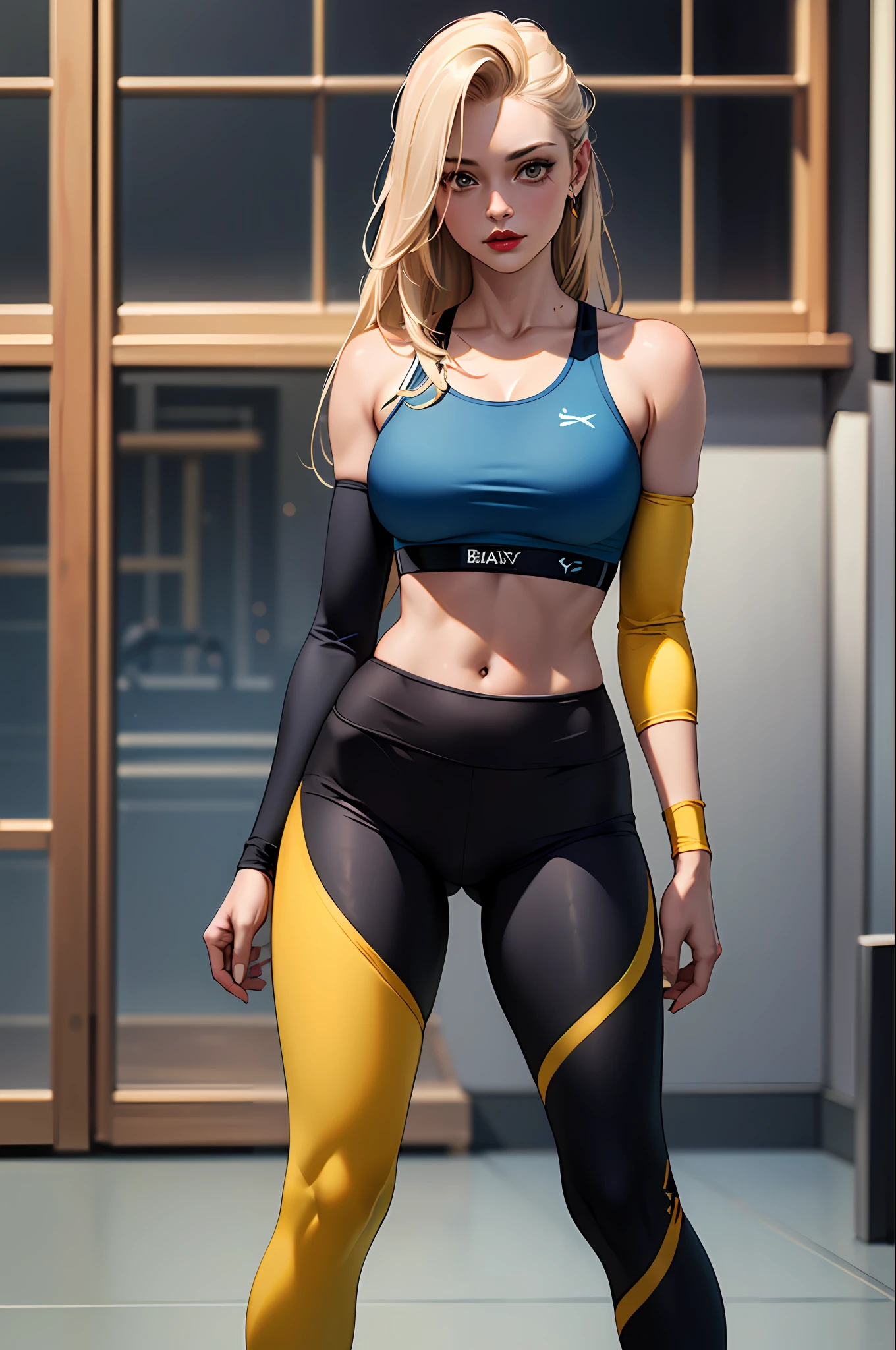 (​masterpiece:1.4)、(top-quality:1.4)、
1girl in, Sports bra and dark blue and gold sports leggings、(Arm sleeve),length hair, looking at the viewers, 独奏 ,realisitic,(shinny skin),(​masterpiece:1.4),(top-quality:1.4),red-lips