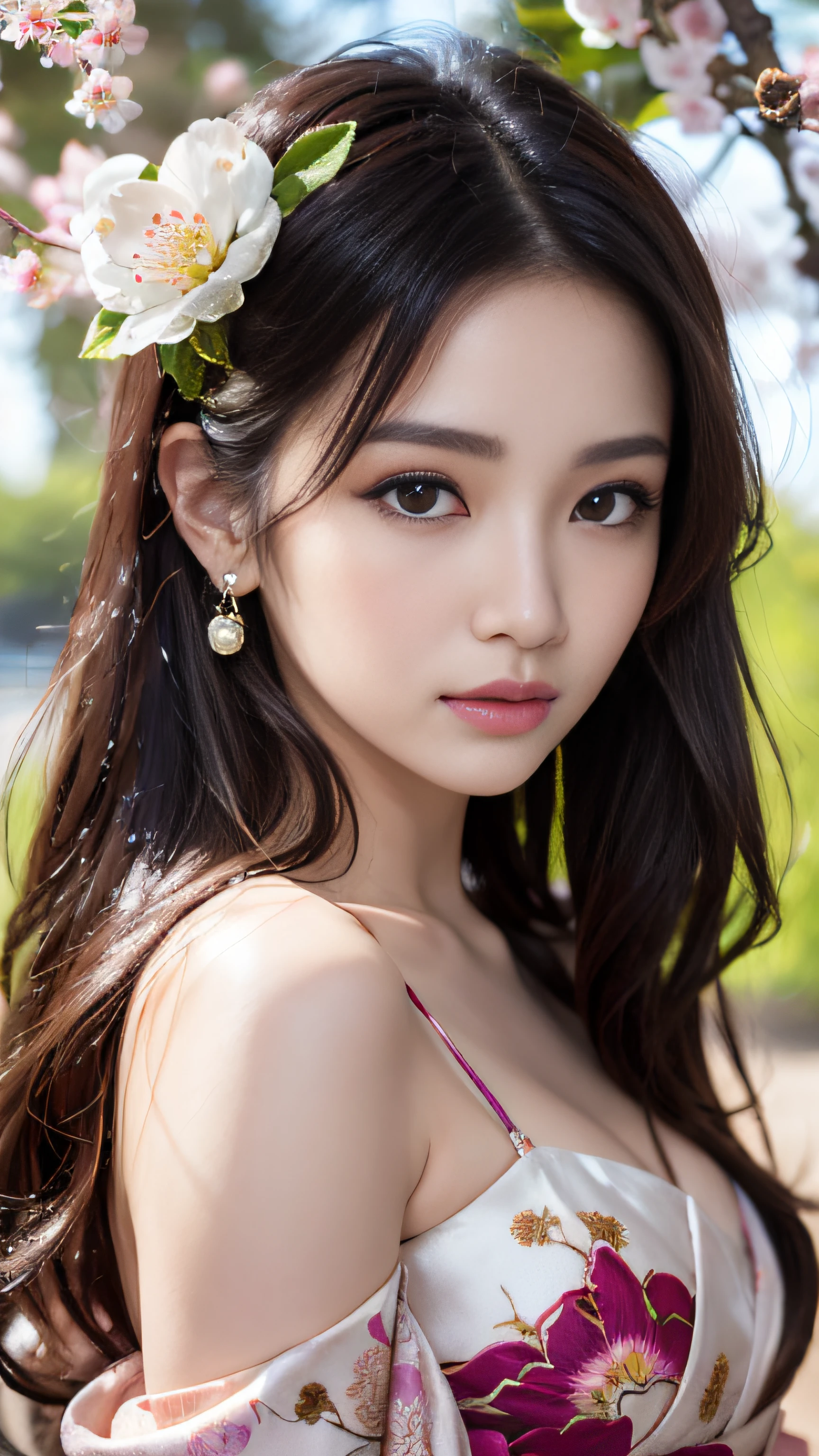 Beautiful Japanese woman, porcelain skin, flawless and radiant, ethereal beauty, monolid eyes dark and deep, captivating gaze, elaborate eyeliner accentuates their allure, arched eyebrows convey tender expressions, lips are softly colored, Adornments of silk kimonos and ornate Cherry blossom hairpieces add depth to her enchanting visage,
