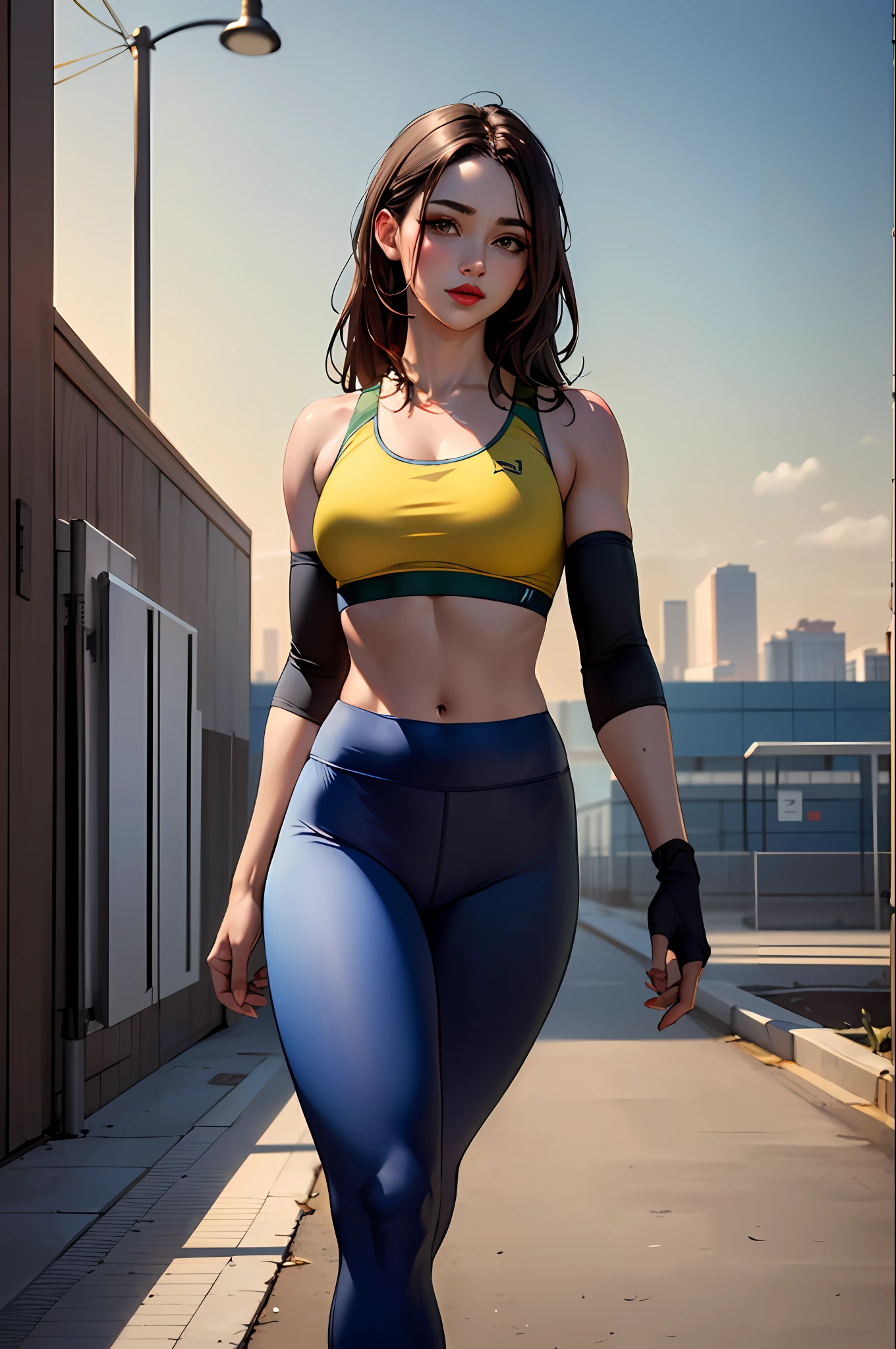 (​masterpiece:1.4)、(top-quality:1.4)、
1girl in, Sports bra and dark blue and gold sports leggings、(Arm sleeve),length hair, looking at the viewers, 独奏 ,realisitic,(shinny skin),(​masterpiece:1.4),(top-quality:1.4),red-lips