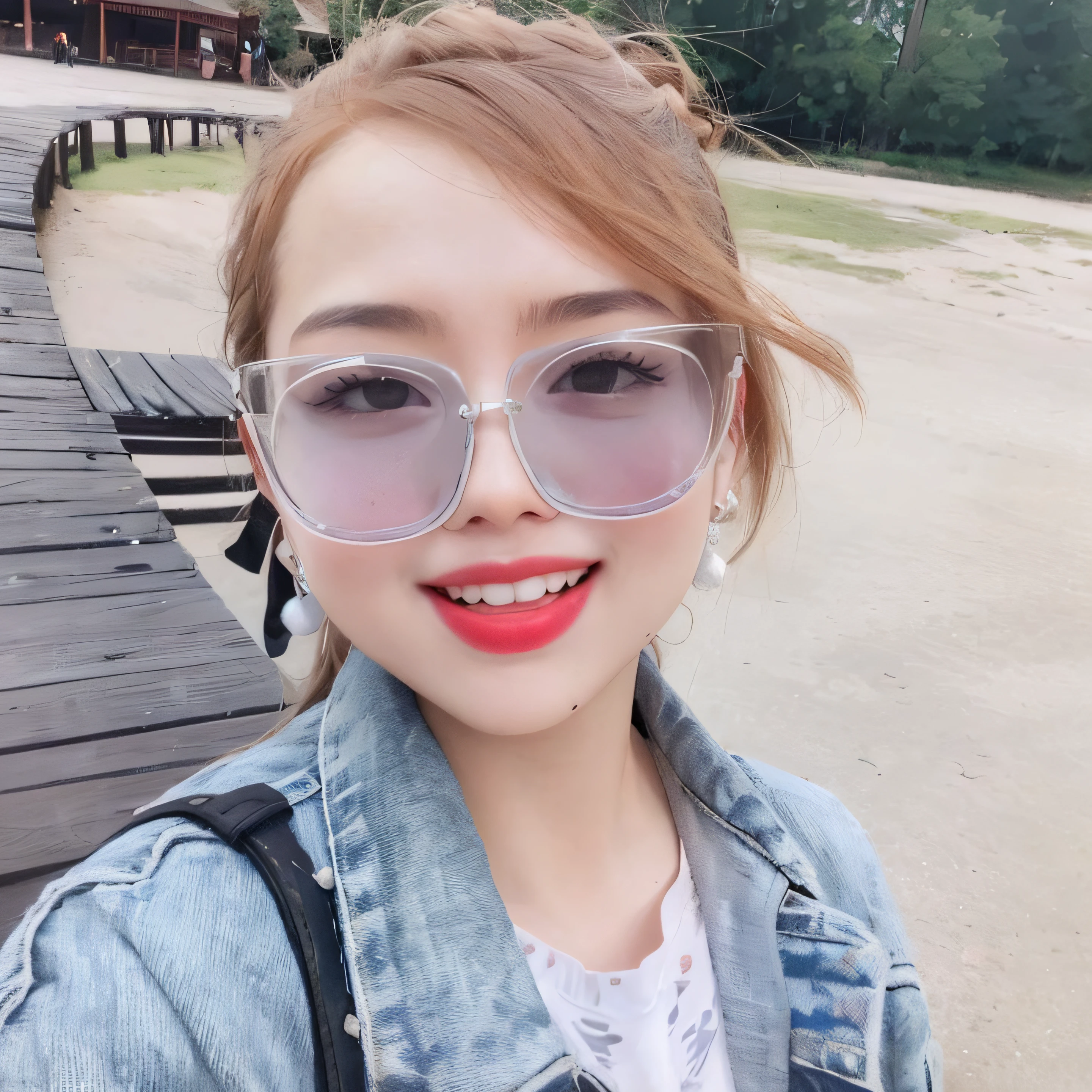 a close up of a woman wearing sunglasses and a denim jacket, dang my linh, in style of lam manh, with sunglass, 2 , 2 7 years old old woman, 30 years old woman, 2 9 years old, with glase image, korean girl, nivanh chanthara