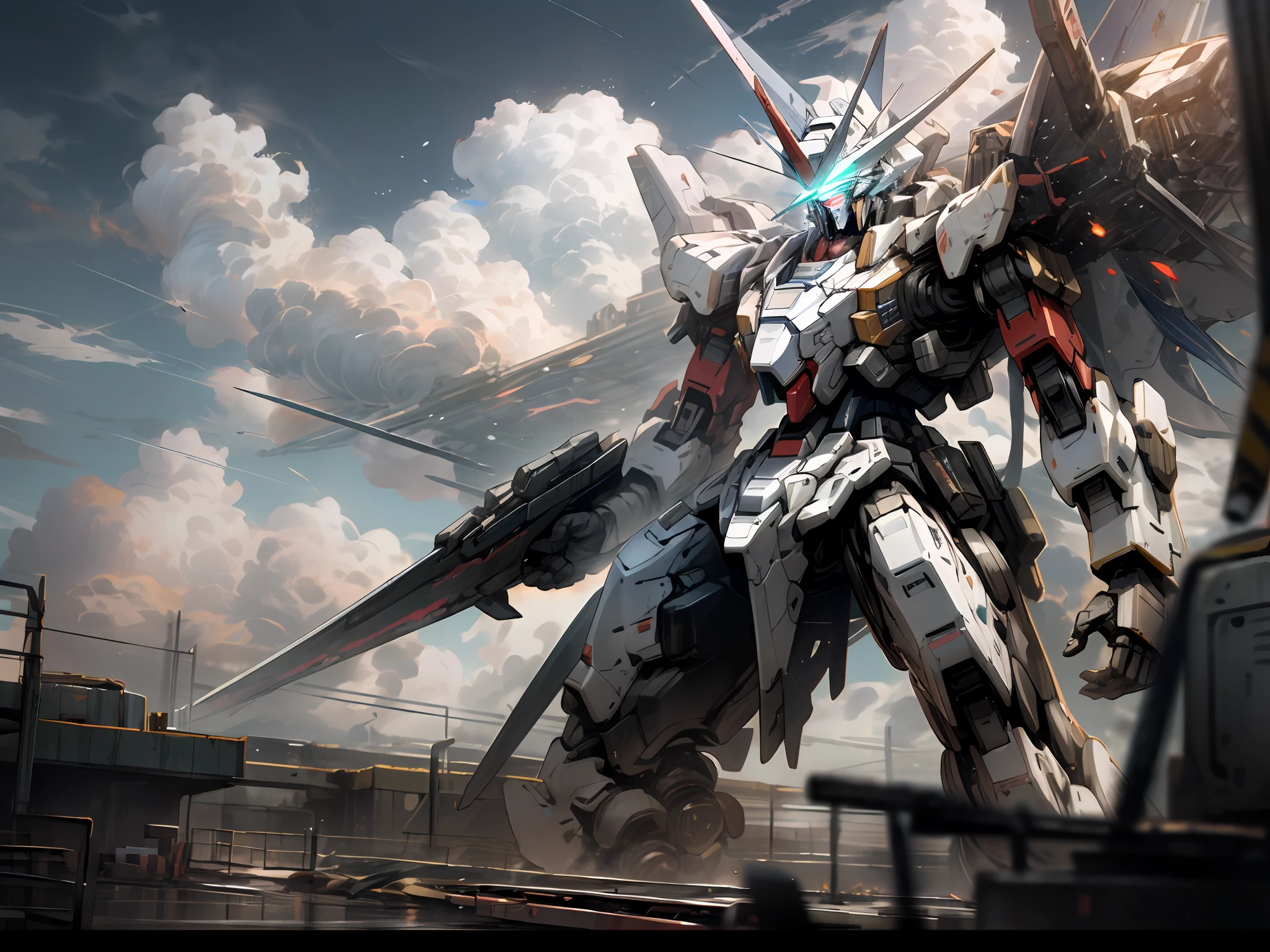 Skysky,clouds,holding_weapon,no_humans,with light glowing,,droid,buliding,glowing_eyes,mecha,scientific fiction,城市,Realistis,mecha,Gundam landscape wallpaper