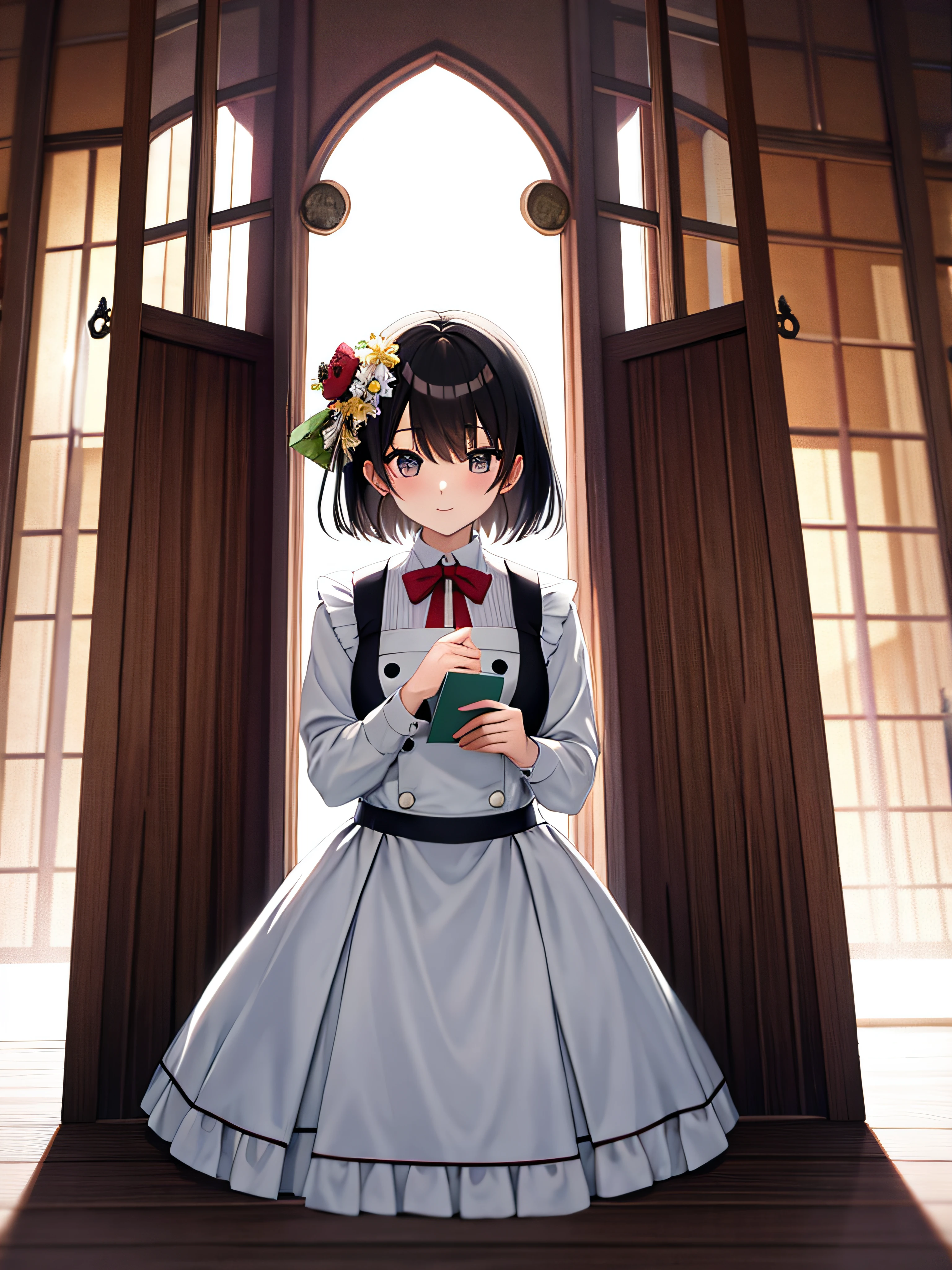 masutepiece,Best Quality,ultra-detailliert,(A MILF:1.16),pinafore、mothers、独奏, A dark-haired, see the beholder,(de pele branca),