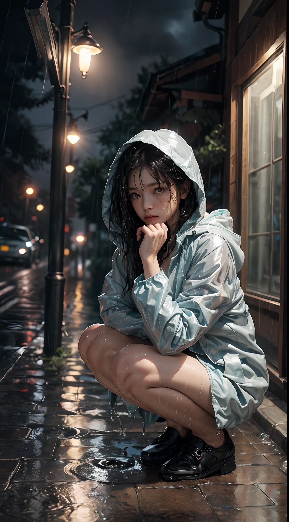 (Masterpiece:1.2, Best Quality), (real picture, intricate details), (night time, Dark, downpour:1.4)
There was no one on the street, and the surroundings were silent, Only raindrops splashed on the tiled eaves of the low houses, Near and far;, making a slight rustling sound. In the cold rain, (1girl, wet hooded jacket, Sad, Perfect eyes:1.2) SQUATTING on the ground,