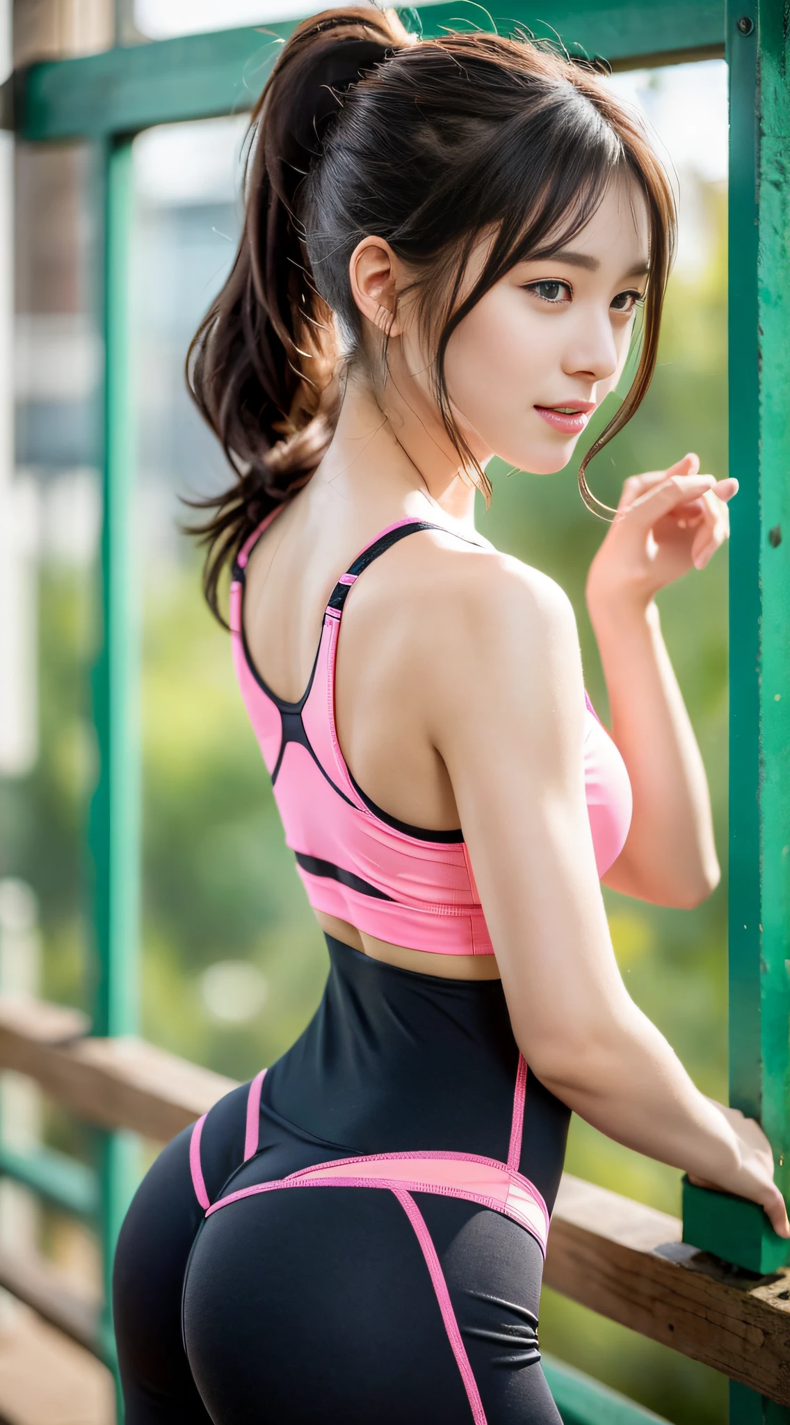 ((top-quality、8K、masterpiece:1.3))、Tall and beautiful woman、Perfect figure:1.4、Slender Abs、Dark brown hairstyle、shorth hair、Salmon Pink Yoga Pants、No postural movement、Stand up straight、huge bust、Highly detailed facial and skin texture、A detailed eye、二重まぶた、Face with a cold、A royal sister full of fans、full body Esbian、Peach butt、Small Sports Bra、squatt、(Raw foto:1.2)、((Photorealsitic:1.4))top-quality、masterpiece、illustratio、extremely delicate and beautiful、extremely details CG、Unity、8K Picture Wallpaper、finely detail、best qualtiy、Highly detailed CG Unity 8k wallpaper、absurderes、incredibly absurdness、huge filesize、ultra-detailliert、hight resolution、ighly detailed、a beautiful detailed girl、extremely detailed eye and face、beatiful detailed eyes、Facial light、电影灯光、1girl in、see -through,Look at viewers,plein air,Sunny and cheerful、High Ponytail、Sporty girl、ulzzang-6500、full body Esbian、yoga clothes、Sportsgirl、gym、traning、working out、Machines、Do a bench press、big breasts thin waist、full body Esbian、Ass Pre-Prix、stick out buttocks