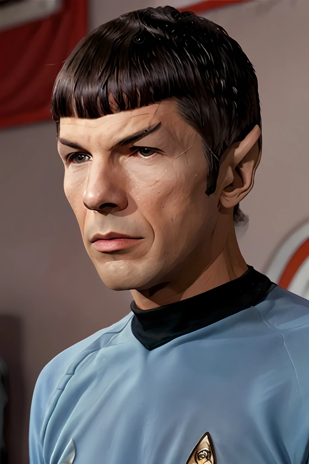 poster of Spock, simple background, (highly detailed skin:1.0), (masterpiece:1.2) (photorealistic:1.2) (bokeh) (best quality) (intricate details) (8k) (HDR) (analog film) (canon d5) (cinematic lighting) (sharp focus),