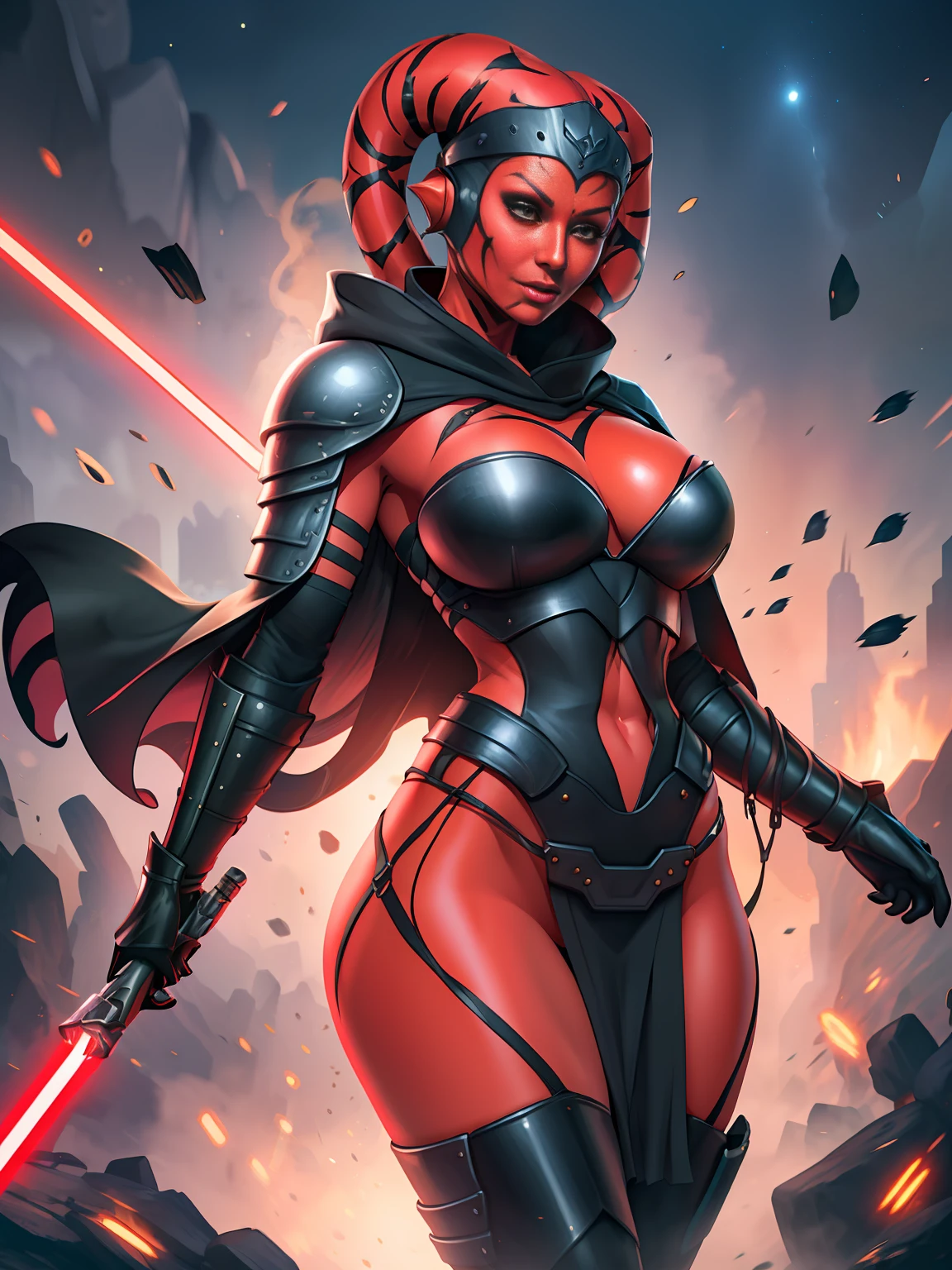 ((red skin), twi'lek), dual red lightsabers, evil space knight, space ninja, (black robes, black stealth armor, breastplate, tunic, tabard, cowl, cloak, body glove, straps, buckles, skirts, long sleeves, fantasy, ((armor))), ((busty), slender body, thin, slim sexy body, slim waist, large breasts),