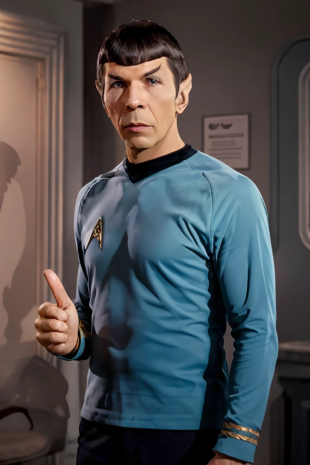 poster of Spock, simple background, (highly detailed skin:1.0), (masterpiece:1.2) (photorealistic:1.2) (bokeh) (best quality) (intricate details) (8k) (HDR) (analog film) (canon d5) (cinematic lighting) (sharp focus),