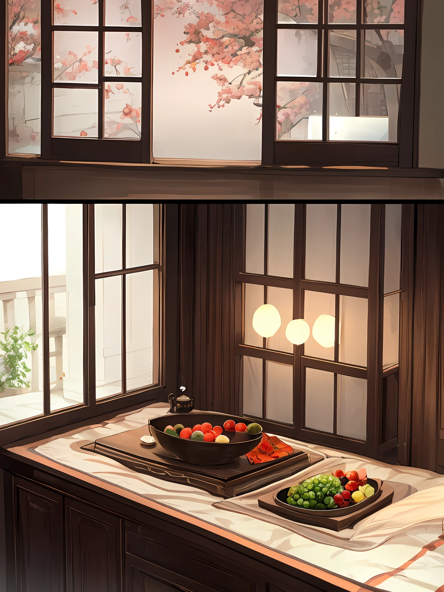 The interior of the house is half-new，By the window is a Luohan bed，In the middle of the bed is a small offering table，Three fruit bowls are placed on it，In front of the fruit bowl is a small incense burner，Cigarettes came out of the incense burner。