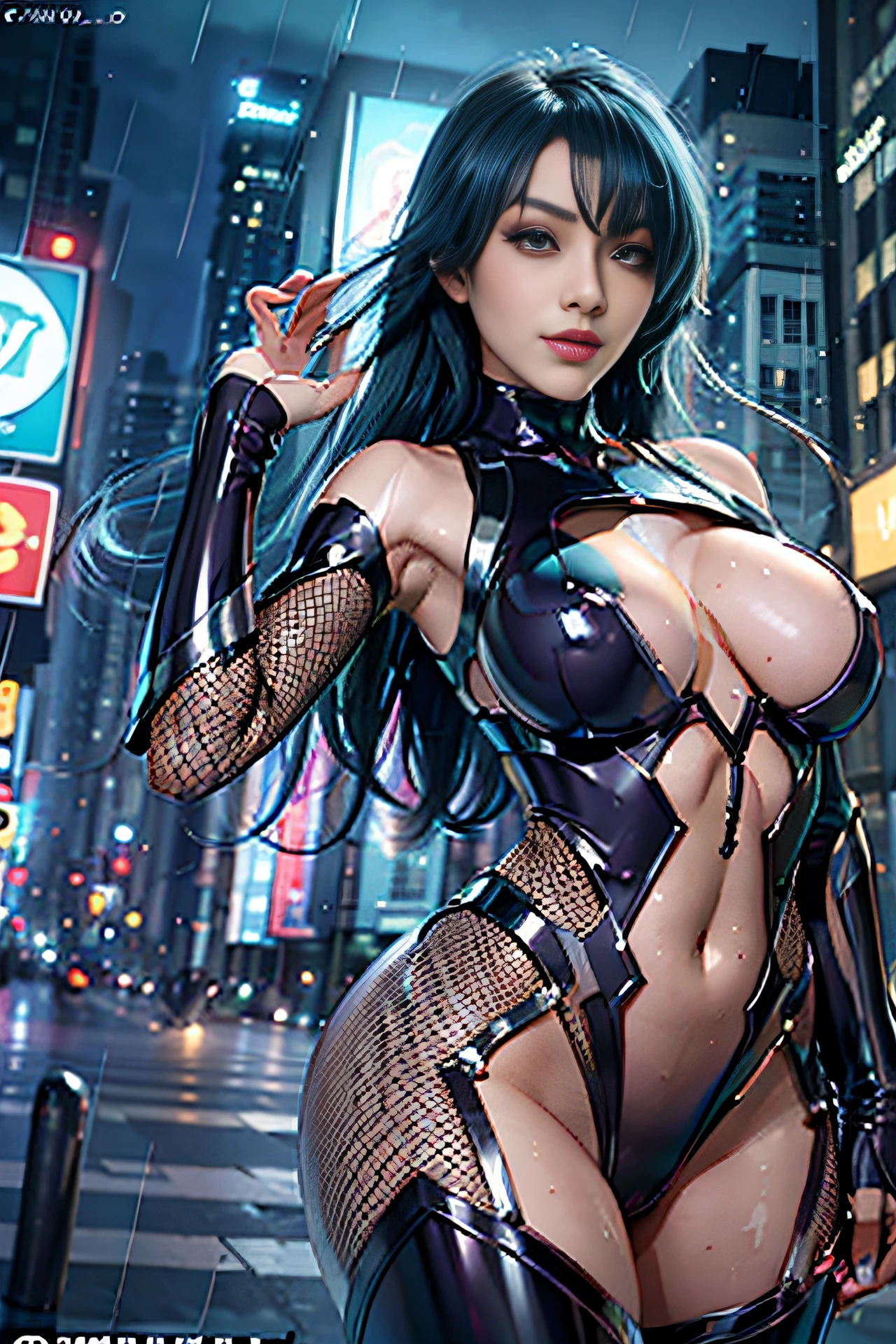 Full:1.6、stands、From Under:1.3、The Masterpiece,。.。.。.3D、Realstic、Ultra Micro Photography、best qulity、Ultra Detailed CG Unity ,8K,Wallpaper perfect face,intricate detail、(1 female)、30yo、((asagi
bodysuit,Taimanin suit)),Blue hair、Insane Ron Hair、Fluttering in the wind,Bangs、 (Burst breasts:1.4、Slender and muscular,、Muscular abs,Very small face、Sexy and dynamic model poses,Erotic pose with legs wide open,tall and perfectly proportioned、Sexy and long legs,muscular thigh,large ass,Emphasis on the crotch,Cameltoe、vulvashaped:1.25,High leg cut leotard,Very thin and fitting high-gloss silver holographic leather:1.3, Full body fishnet stockings)、Beautiful Faces, beautifull eyes,((alluring smile、Very Clean Face、Face Details:1.5、bright green eyes、Outline of the iris,Beautiful Faces、beautifull eyes、gloss eyes、thin lips:1.3、thin and sharp pale eyebrows,、long dark eyelashes、Double eyelashes))、cleavage breasts、Sexy boldly big、Shoulder out, pureerosface, A shy,Visible pores、 perfect hand:1.5、ふしだらな、captivating pose、Extreme hourglass body type、stripper、highly dramatic picture、octane renderings、Late night in the rain,City Skyline, neon light, ciber,Movie lighting,exquisite lighting and shadow、Dynamic angles、Dynamic backgrounds、detailed backgorund、DSLR Harp、Focus:1.0、Maximum clarity and sharpness、