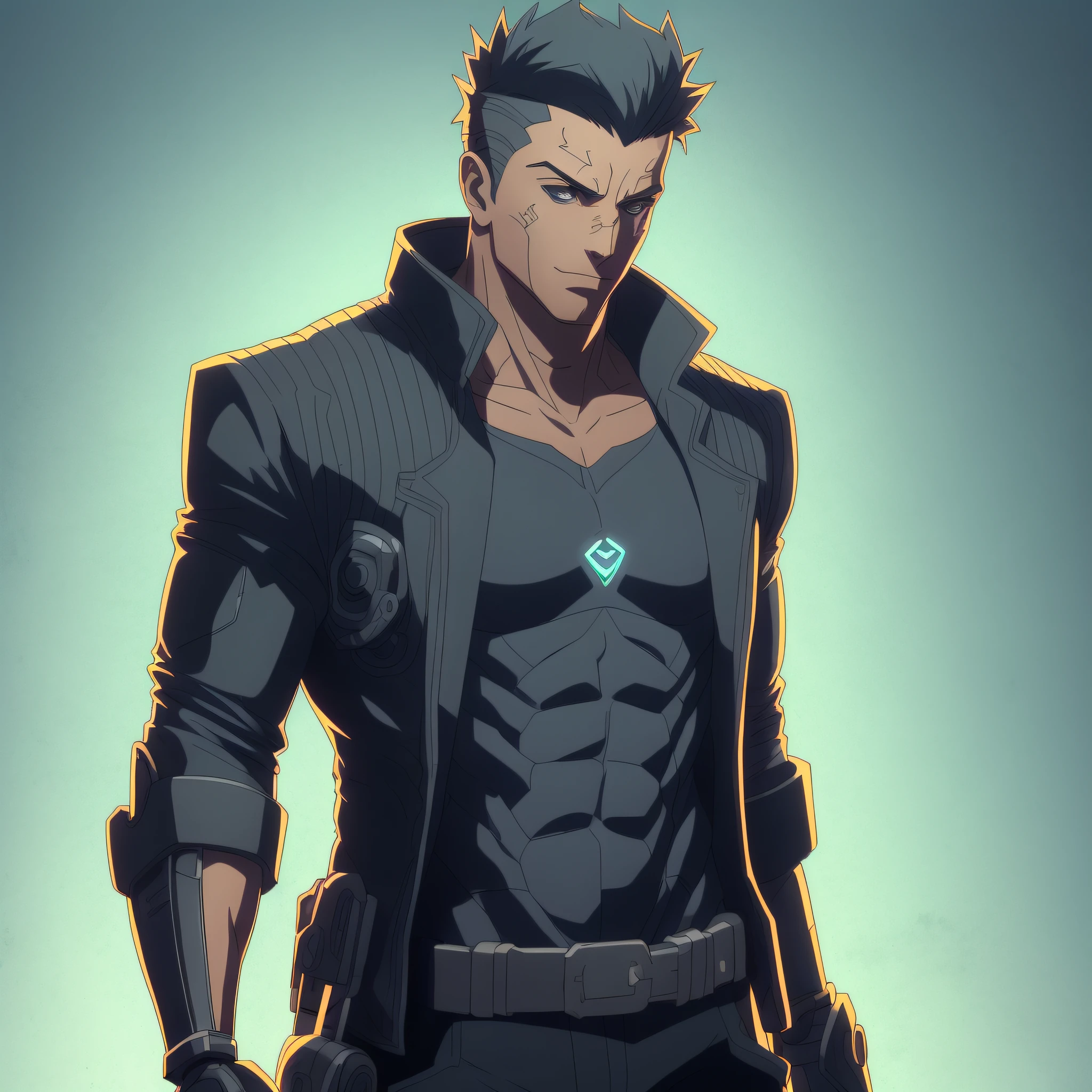 Create a male human character art with normal body and average height, with prosthetic cybernetic arms , vestindo camiseta, jaqueta de trincheira preta, Estilo detetive Noir, Estilo Shadowrun