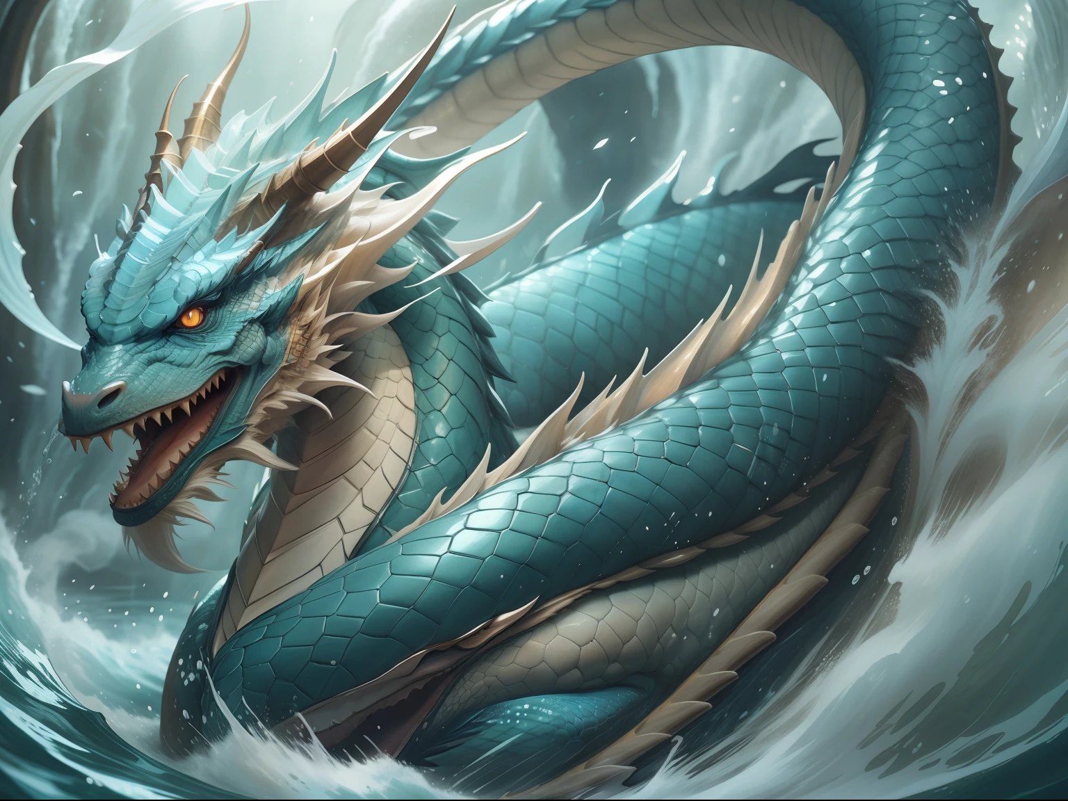 Thang Long、Ascending to Heaven、The long tail of a white Chinese dragon flies through the water、Faucet head looking at camera、Textures are diverse.、、chinese dragon concept art、dragon art、Anime Art Wallpapers 8 K、ArtStation pixiv Trends、Detailed Digital Animation Art、Detailed anime artwork、(High quality), epicd, (Glow: 1.3), ink and watercolor painting, a mythical creature, Dreamy clouds, Turquoise mist, blizzard, (close-up: 1.2), (Kaiju: 0.5), (Mengji:1.5), Beautiful eyes, Yamanoizumi Waterfall