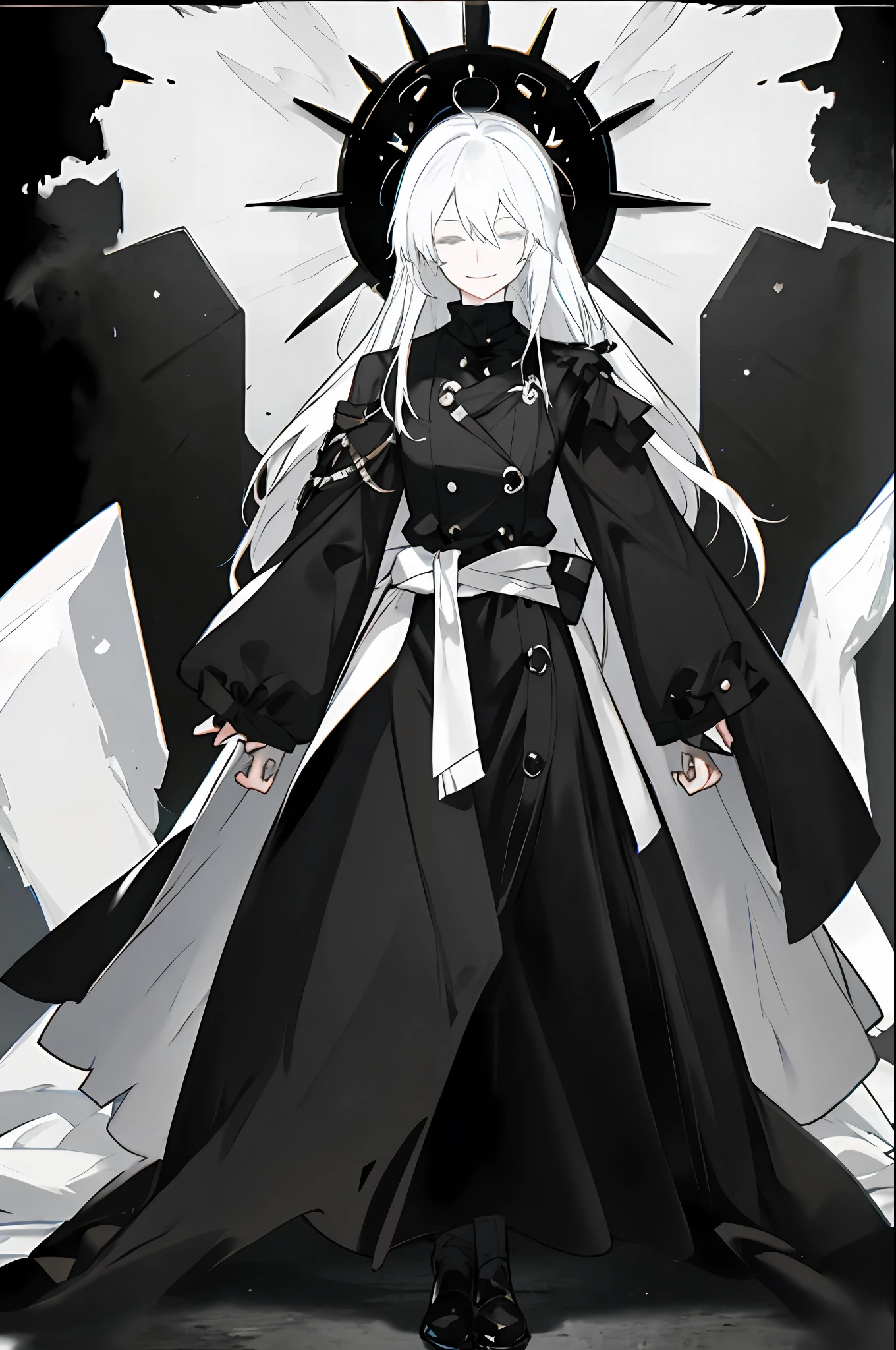 White hair, Long hair to the waist,A black cloth covered the eyes,Male smile,powerful,Sense of oppression,Highest image quality,Soft light and shadow,The background is black and white block,White simple clothes