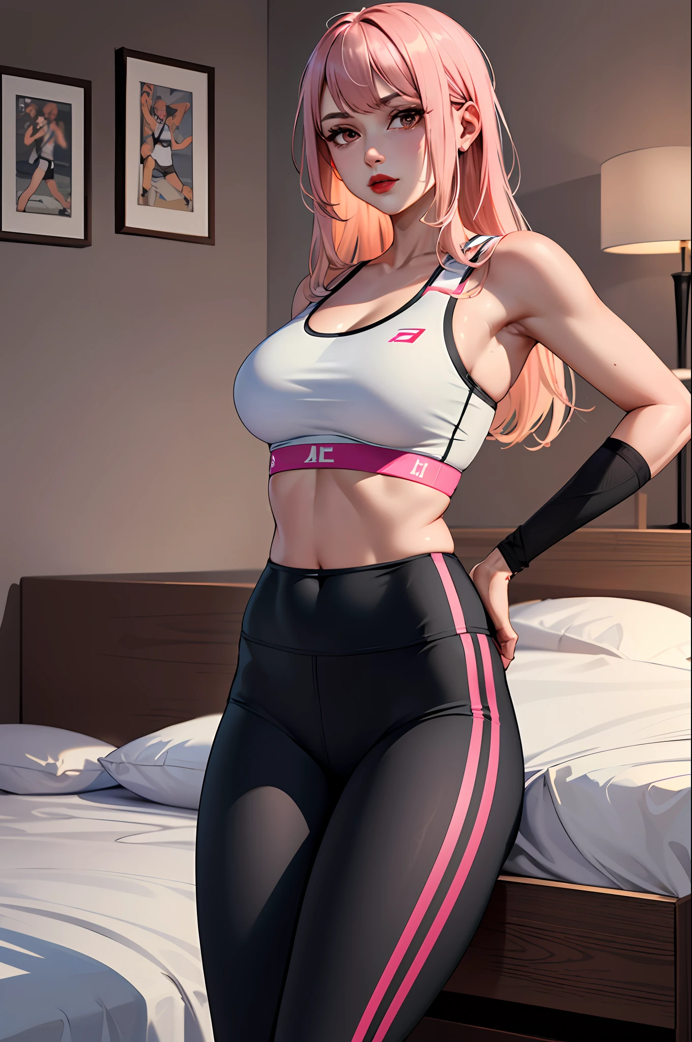 (masterpiece:1.4)、(top-quality:1.4)、
1girl in, Sports bra and pastel colored sports leggings, (Arm sleeve), large full breasts, length hair, looking at the viewers, Bedroom, 独奏 ,realisitic,(shinny skin),(masterpiece:1.4),(top-quality:1.4),red-lips