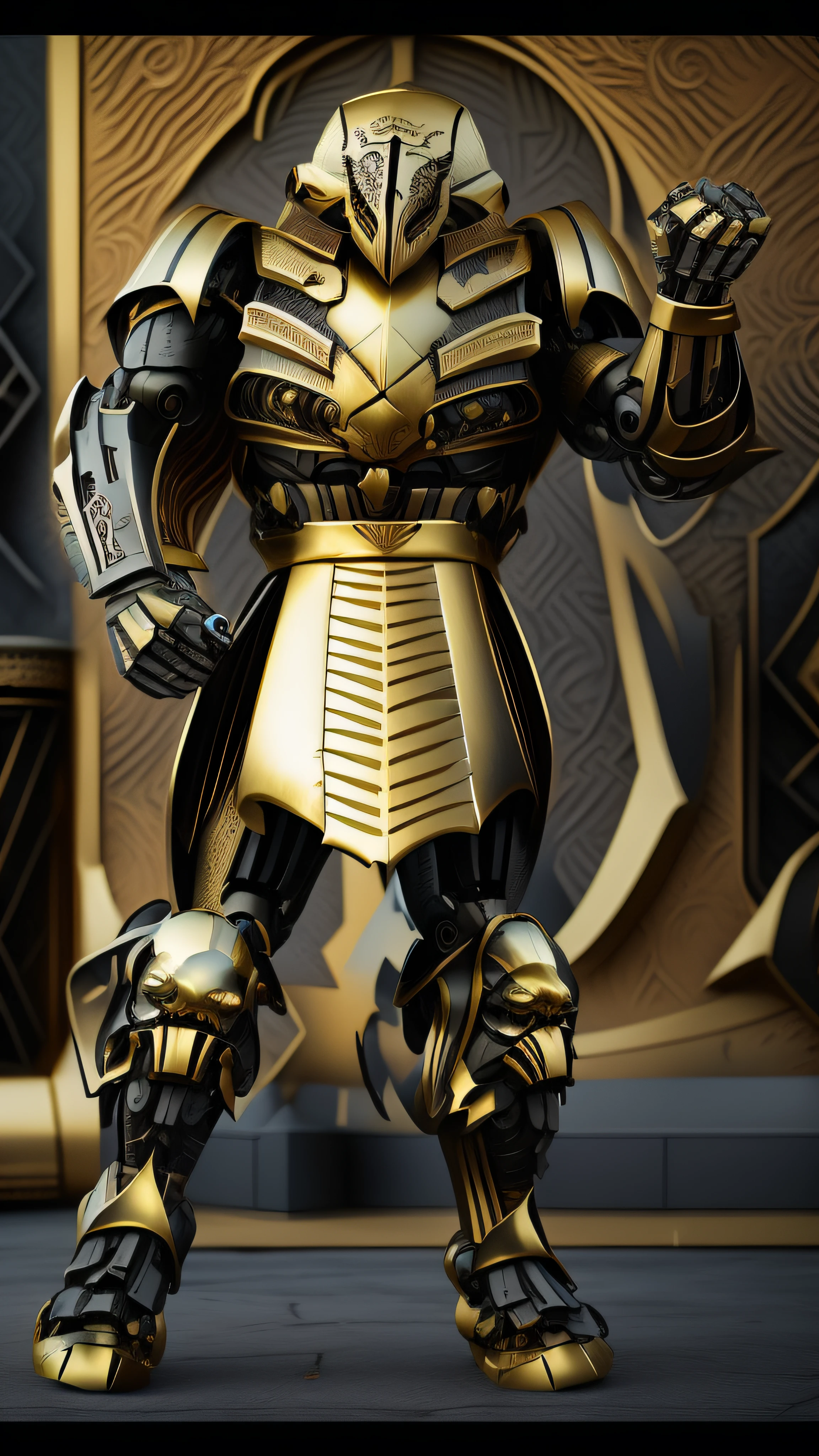 A closeup of a robot with a shiny arm and a sword, Armadura obsidiana de ouro pesado, armadura pesada de ouro. Dramatic, Armadura Obsidiana de Ouro, armadura dourada vestindo, luz saindo da armadura, Armadura Dourada, Ouro Sci - Armadura de Fi:, Armadura dourada, armadura dourada pesada, Armadura dourada de Paladin, Armadura preta e dourada, unreal motor render saint seiya