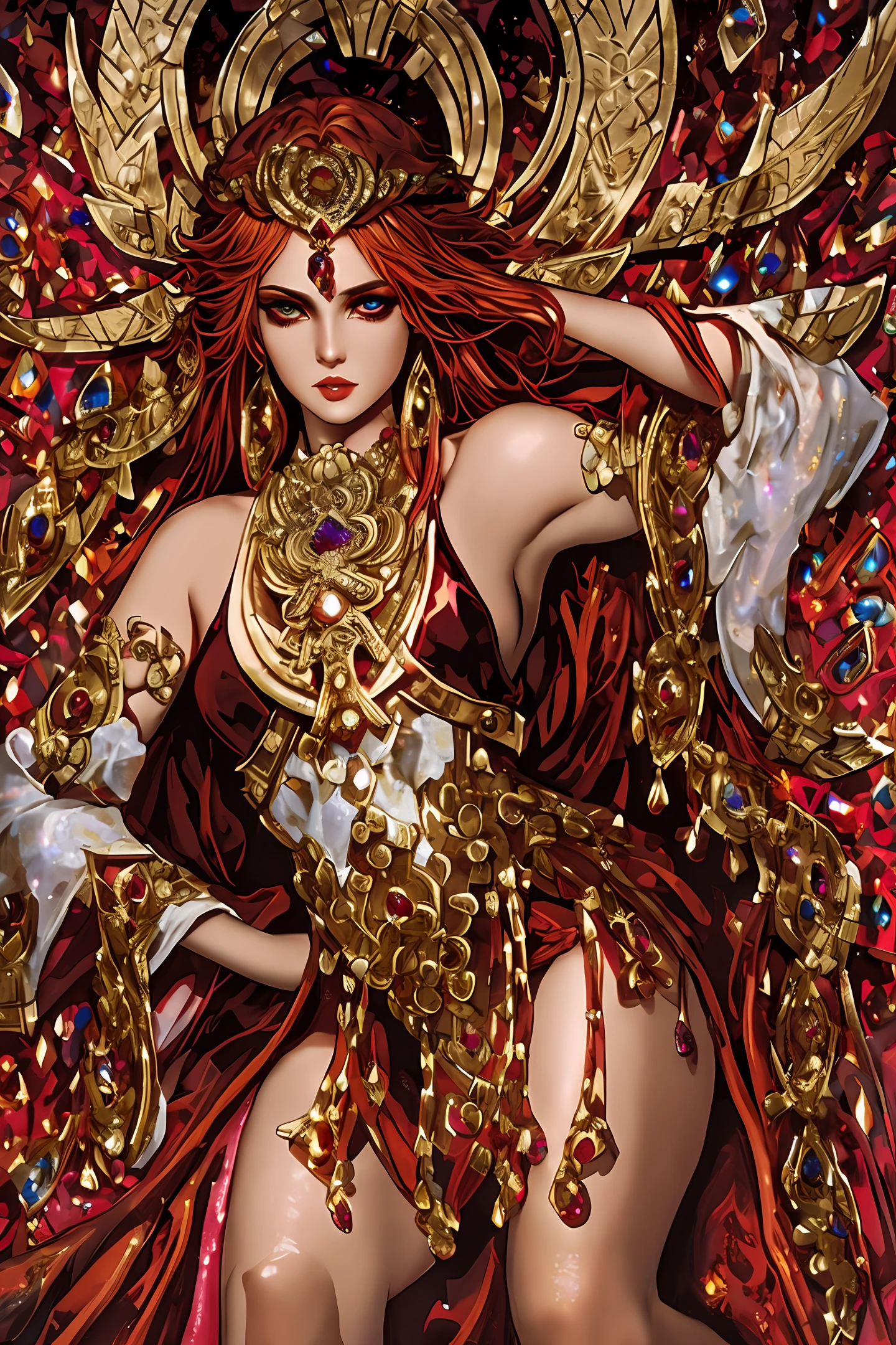 ( Absurd , High quality , ultra detailed to hand ) ( careful hand ) Zodiac sign- Aries goddess , similar to latin goodness , Brave ,willful ,productive ,enterprising and humanitarian face . sunset reddish hair , transparent dress , in the ocean with sun , whole body , crystal fire eyes ( eye detailed ) . strong powerful look .