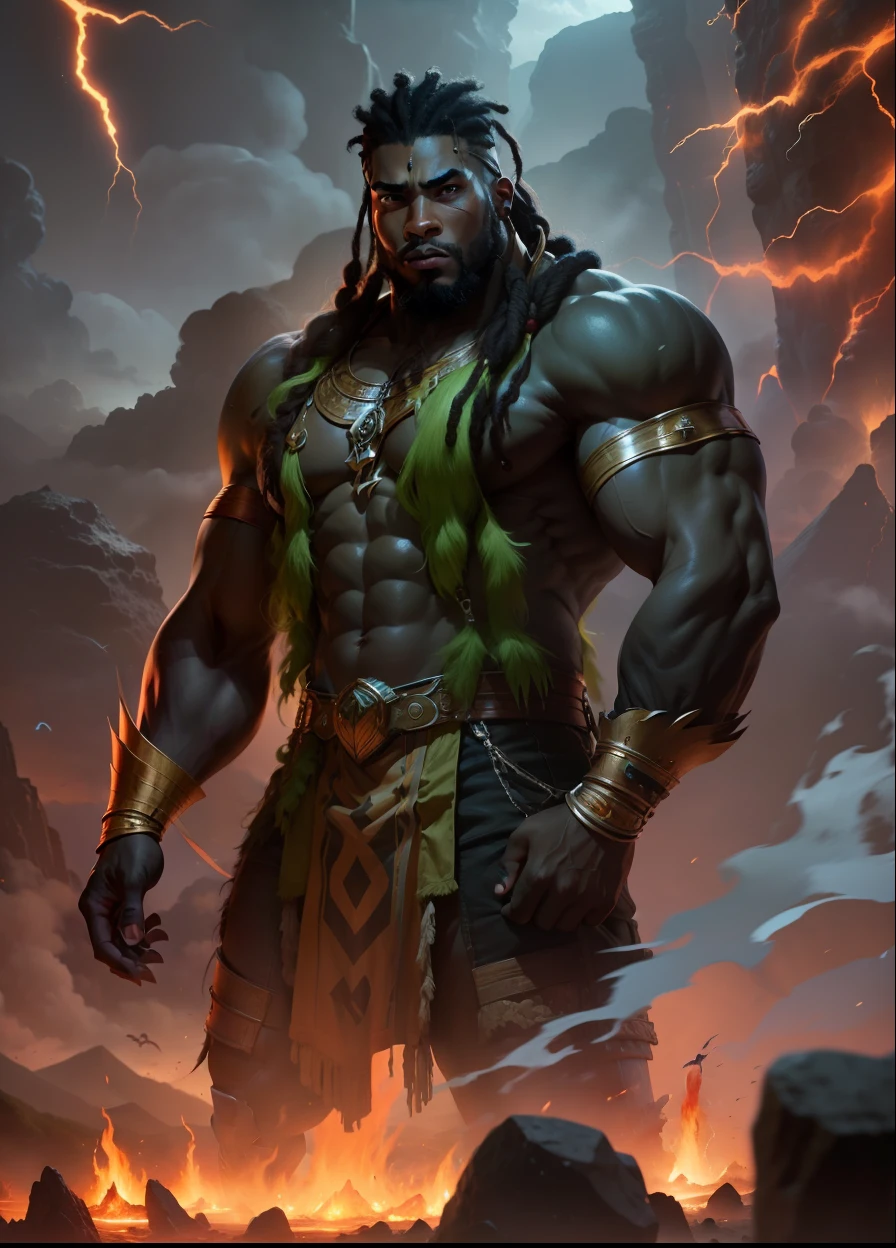 Imagine this image as a dreadlock-haired African prince against a backdrop of Jurassic jungle with volcanoes and pterodactyls. --auto