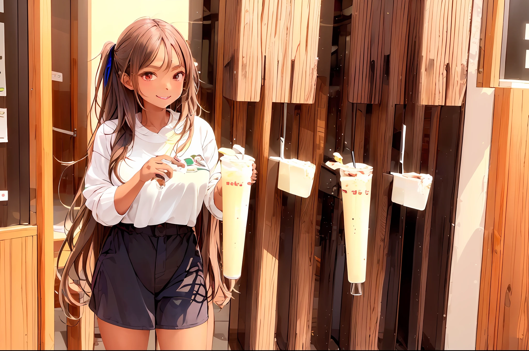 Girl drinking milk tea has dark skin, Long hair, face round, Write filters