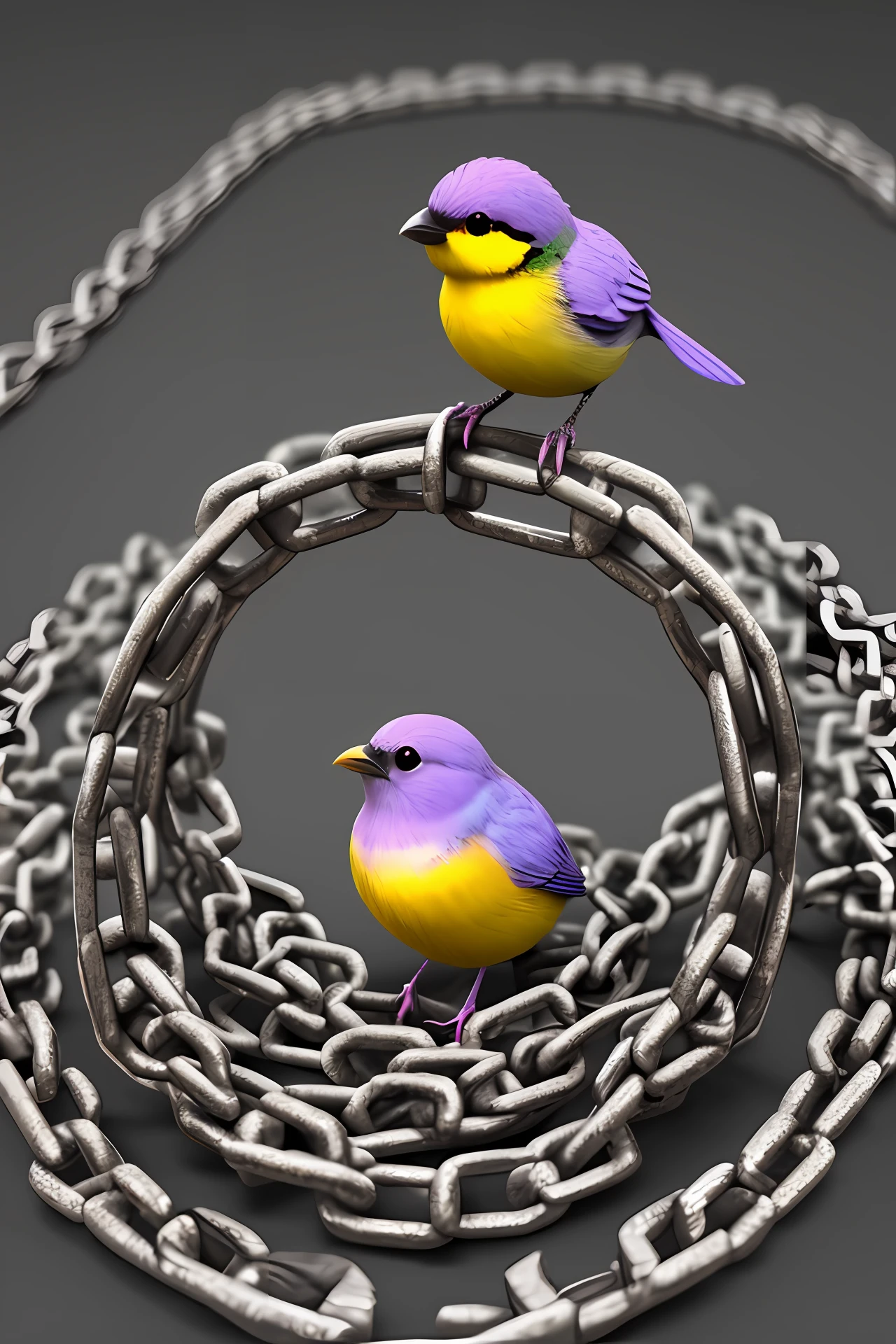 Ultra realistic little purple bird trapped in a circle of thick chains, 3d render, ultra 4K, super detalhado