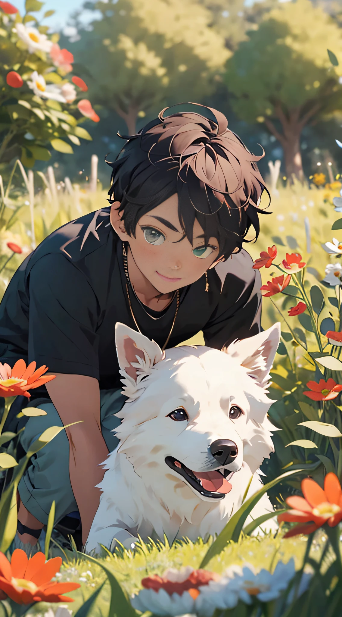 realisticlying，（tmasterpiece，top Quority，best qualtiy），1 boy，Pet dogs，looking to the camera，coloured background，ssmile，Black super short hair，Handsome man，white short sleeve，Red flowers and green grass