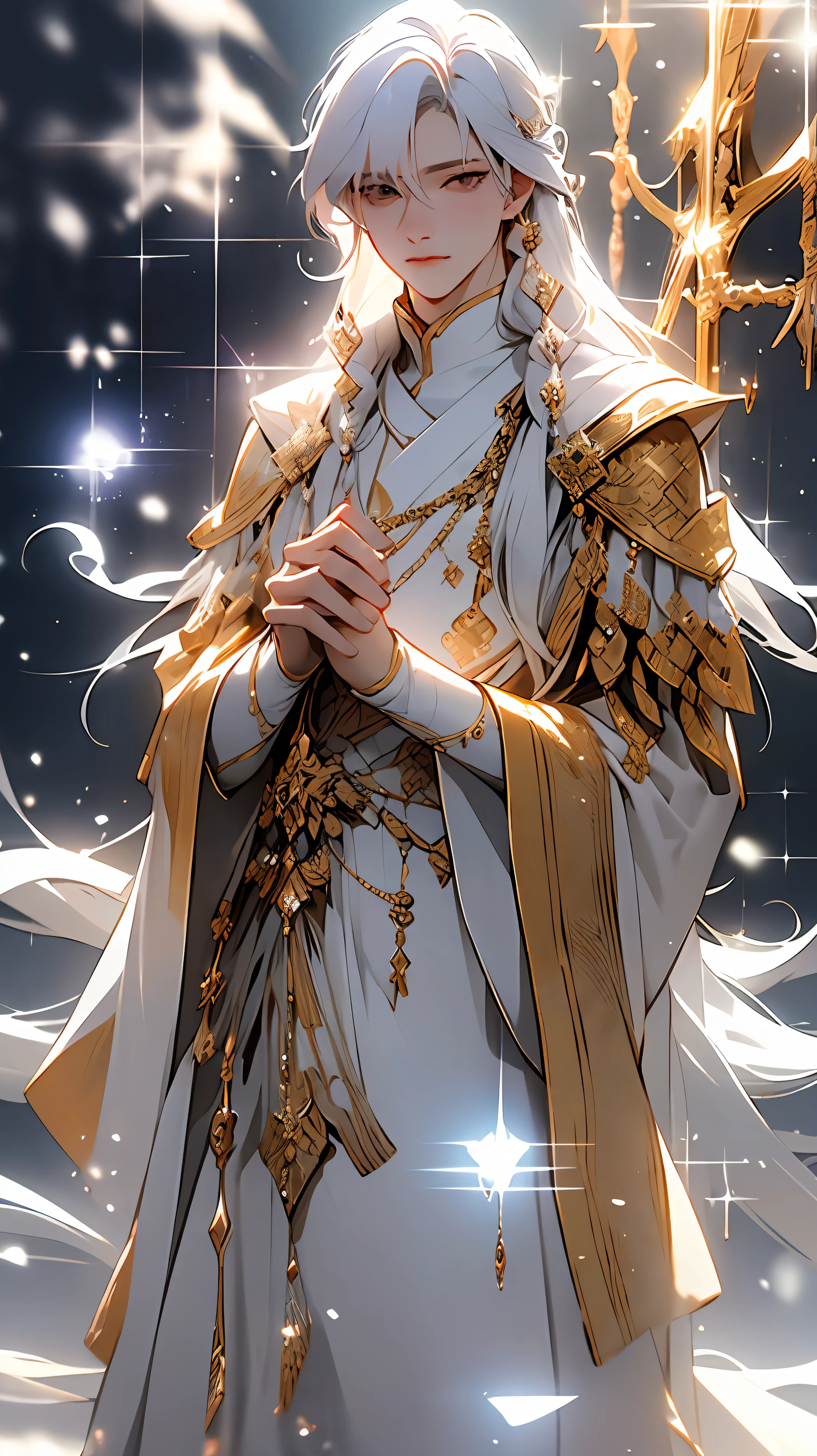 cold shades。Libido boy,Young men,k hd,best qualtiy,Snow and ice theme,Photorealistic photorealism,With light particles and volumetric light effects,Crystal Shard,Rendering,Ice and snow scenes,(crystal hair),Land of gems,(((Transparent hair))),Simple white clothes,long white robe,holy rays,Dingdall effect