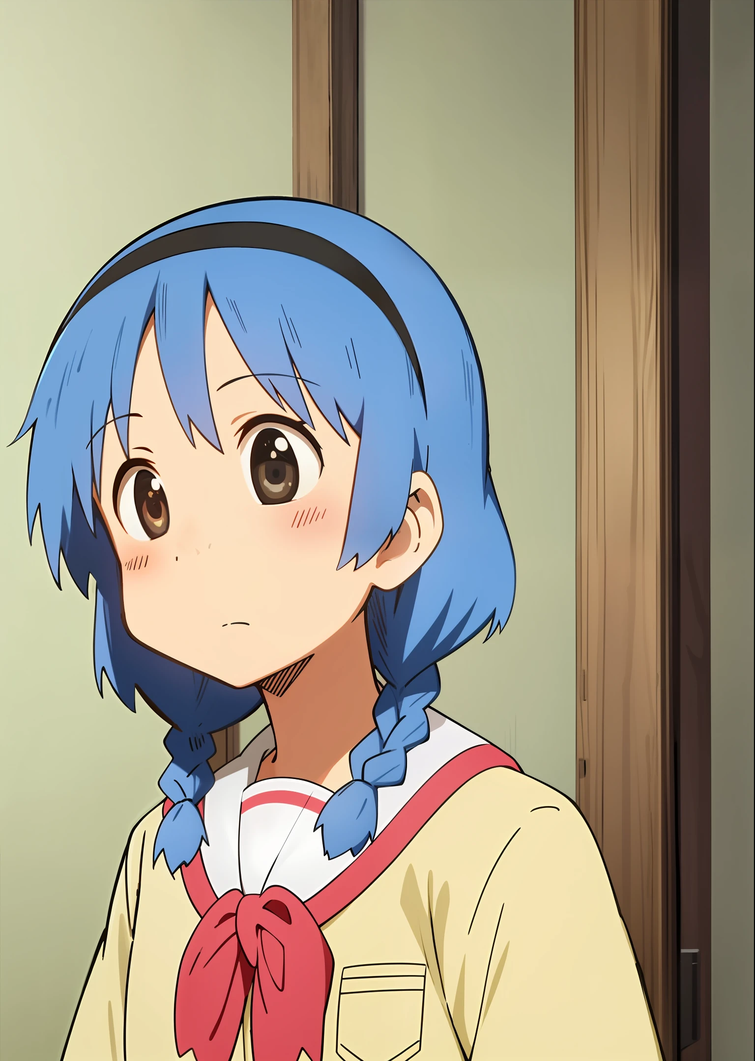 masterpiece, best quality, ultra-detailed, illustration, 1girl, solo, furutani_himawari, blue hair, brown eyes, hairband, medium hair, low twin braids, nanamori school uniform, anime screencap, upper body