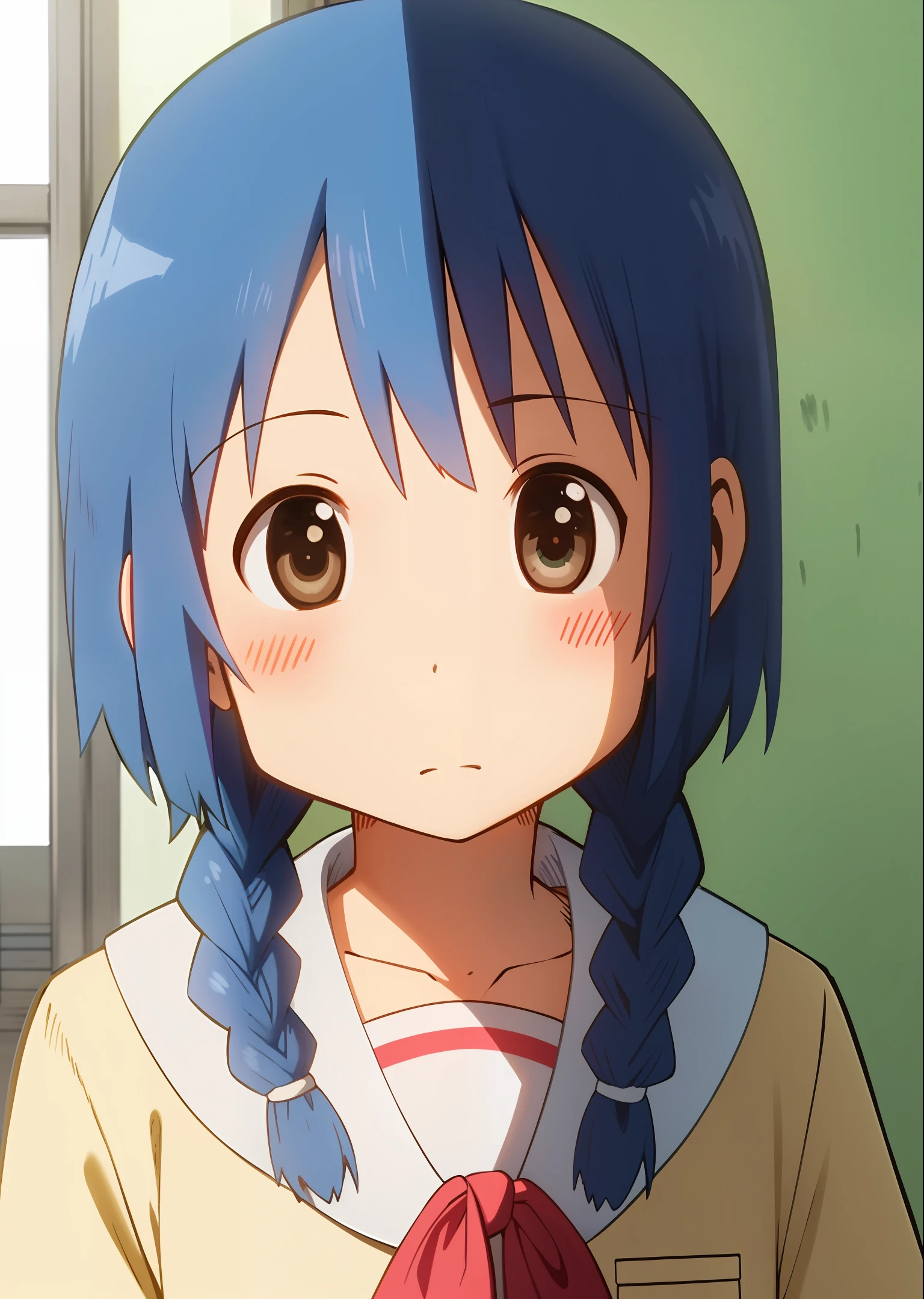 masterpiece, best quality, ultra-detailed, illustration, 1girl, solo, furutani_himawari, blue hair, brown eyes, hairband, medium hair, low twin braids, nanamori school uniform, anime screencap, upper body