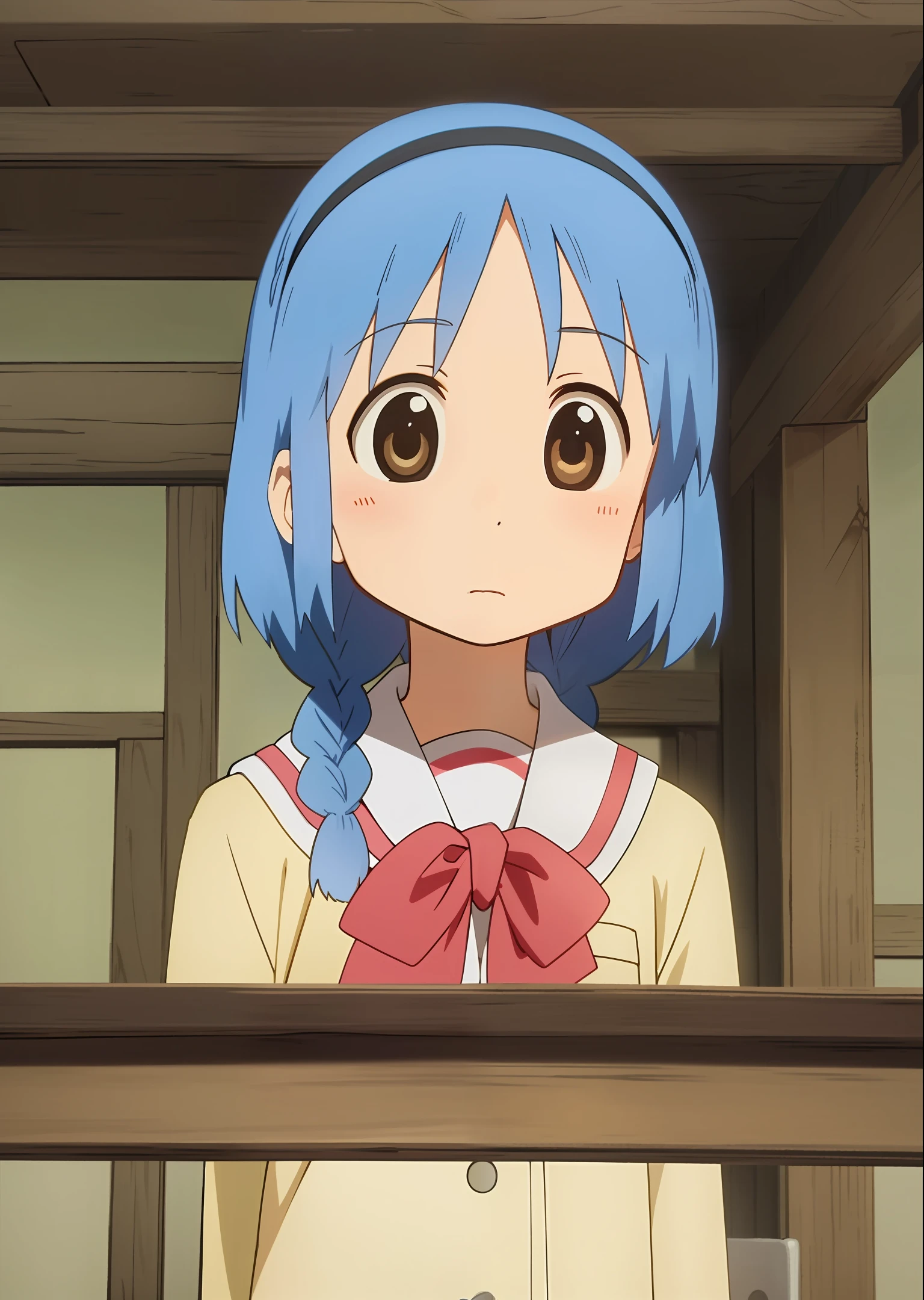 masterpiece, best quality, ultra-detailed, illustration, 1girl, solo, furutani_himawari, blue hair, brown eyes, hairband, medium hair, low twin braids, nanamori school uniform, anime screencap, upper body