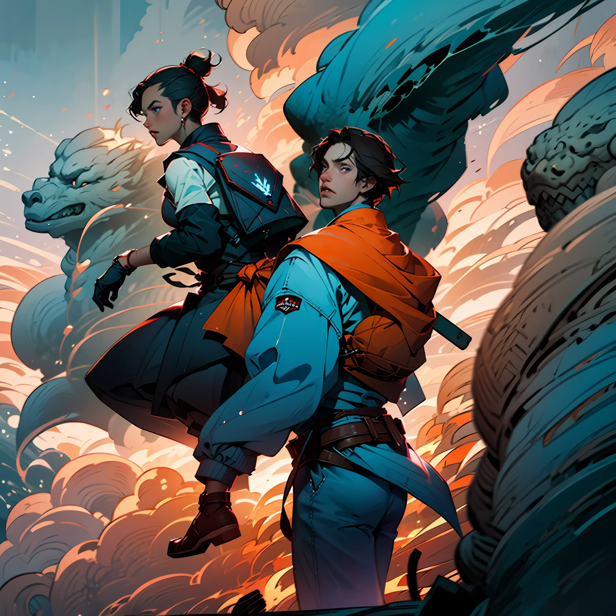 Male Youth，anime image，redheadwear，The light from the back window is backlighted，Black tight vest，No coat，There are scars on the body，With a weapon in his hand，There is a backpack around the waist，blue color eyes，Like the sea，frontage，The expression is cold，Sunset in background，Burning clouds，the sea，Characters make up more than two-thirds of the picture， --auto