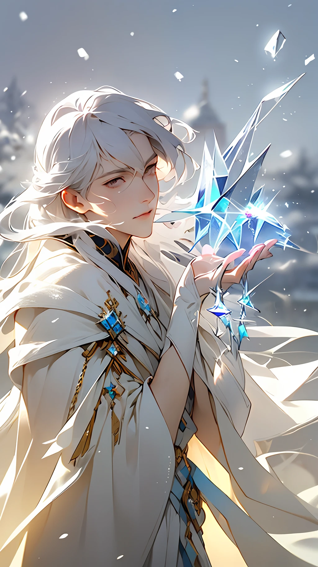 cold shades。Libido boy,Young men,k hd,best qualtiy,Snow and ice theme,Photorealistic photorealism,With light particles and volumetric light effects,Crystal Shard,Rendering,Ice and snow scenes,(crystal hair),Land of gems,(((Transparent hair))),Simple white clothes,long white robe,holy rays,Dingdall effect