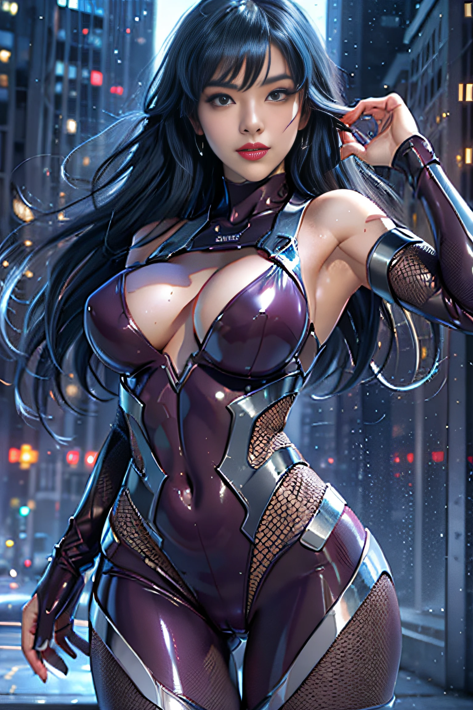 Full:1.6、stands、From Under:1.3、The Masterpiece,。.。.。.。.。.3D、Realstic、Ultra Micro Photography、the best qualityt、Ultra Detailed CG Unity ,8K,Wallpaper perfect face,intricated detail、15 head body,(1 female)、30yo、((asagi
bodysuit,Taimanin suit)),Blue hair、Insane Ron Hair、Fluttering in the wind,Bangs、 (Burst breasts:1.4、Slender and muscular,、Muscular abs,Very small face、Sexy and dynamic model poses,Erotic pose with legs wide open,tall and perfectly proportioned、Sexy and long legs,muscular thigh,large ass,Emphasis on the crotch,Cameltoe、vulvashaped:1.25,High leg cut leotard,microbikini,Very thin and tight high-gloss holographic leather:1.3, Full body fishnet stockings)、beautifulface, beautifull eyes,((alluring smile、Very Clean Face、Face Details:1.5、bright green eyes、Outline of the iris,beautifulface、beautifull eyes、gloss eyes、thin lips:1.3、thin and sharp pale eyebrows,、long dark eyelashes、Double eyelashes))、cleavage breasts、Sexy boldly big、Shoulder out, pureerosface, A shy,Visible pores、 perfect hand:1.5、ふしだらな、captivating pose、Extreme hourglass body type、stripper、highly dramatic picture、octane renderings、Late night in the rain,City Skyline, neon light, ciber,Movie lighting,exquisite lighting and shadow、Dynamic angles、Dynamic backgrounds、detailed backgorund、DSLR Harp、Focus:1.0、Maximum clarity and sharpness、
