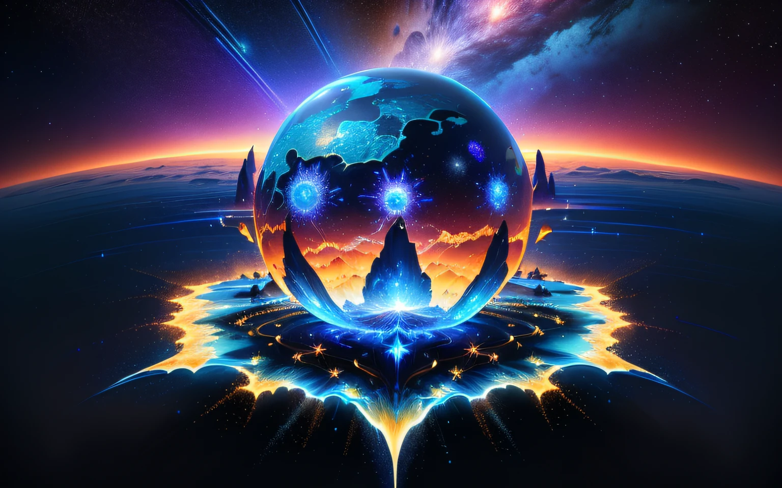 (anthill) (best quality, masterpiece), (magical, charming, beautiful blue planet), (transformation, explosion), (bright star), (ultra-detailed details, dynamic camera), (wide view), (celestial illumination), (vibrant color and saturation)
