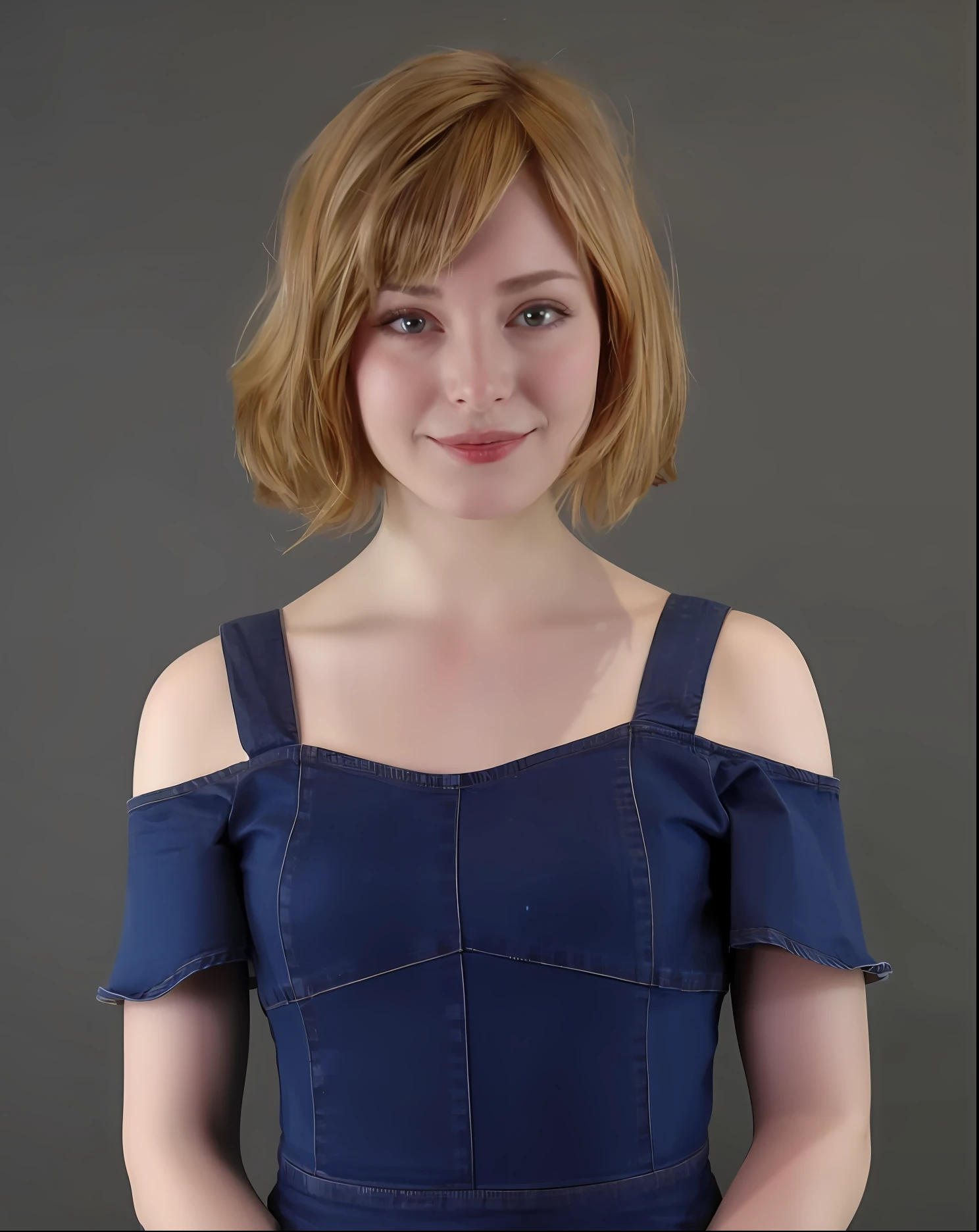 (bra), arafed woman in a denim dress posing for a picture, headshot profile picture, head and shoulders shot, head - and - shoulders shot, head-and-shoulders shot, sophia lillis, with short hair with bangs, leesha hannigan, young beautiful amouranth, with short hair, halfbody headshot, headshot photograph, pictured from the shoulders up