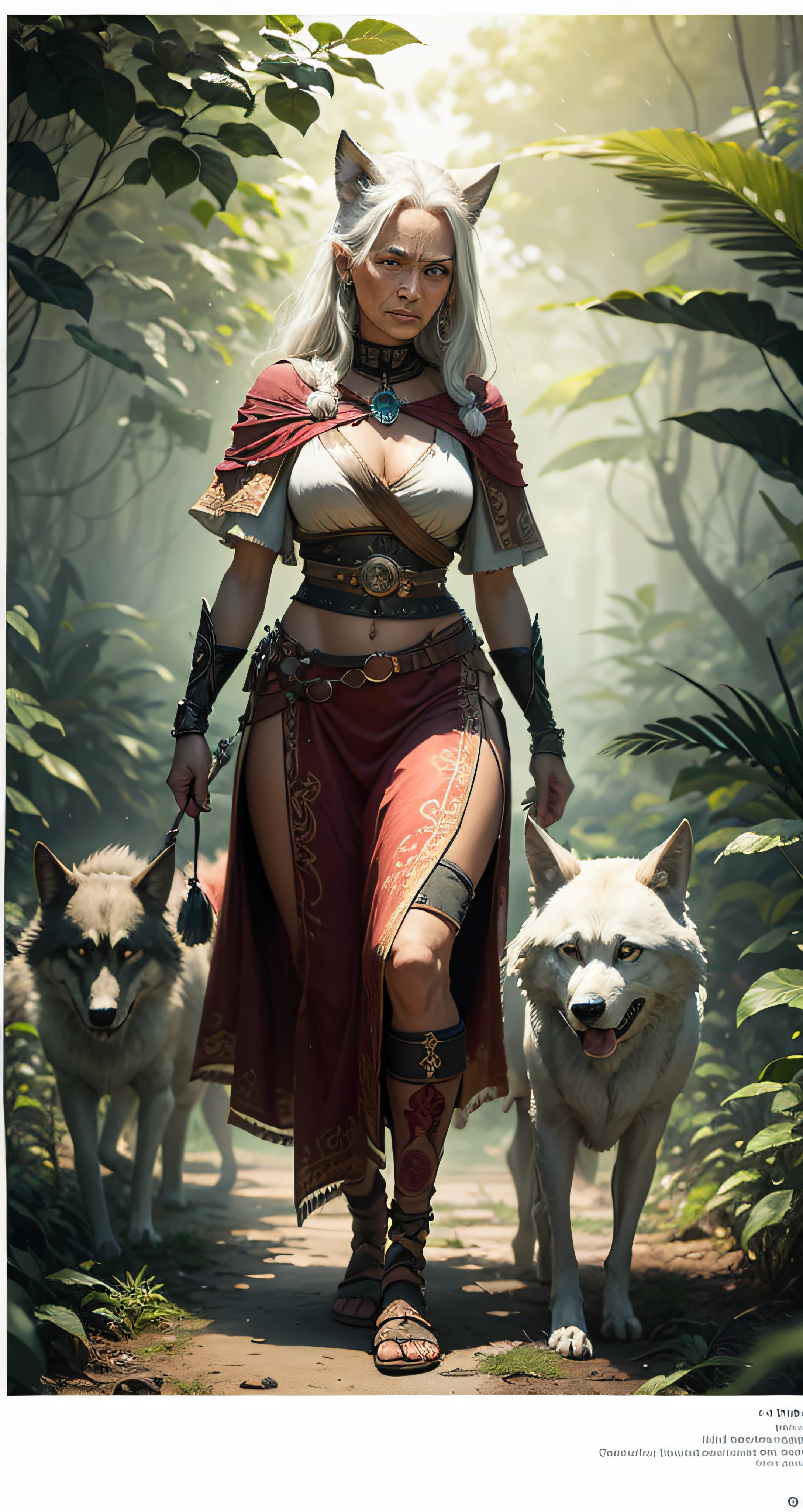 old warrior woman and her wolf, mystic, floral borders, jungles, photorealistic , detailed --auto