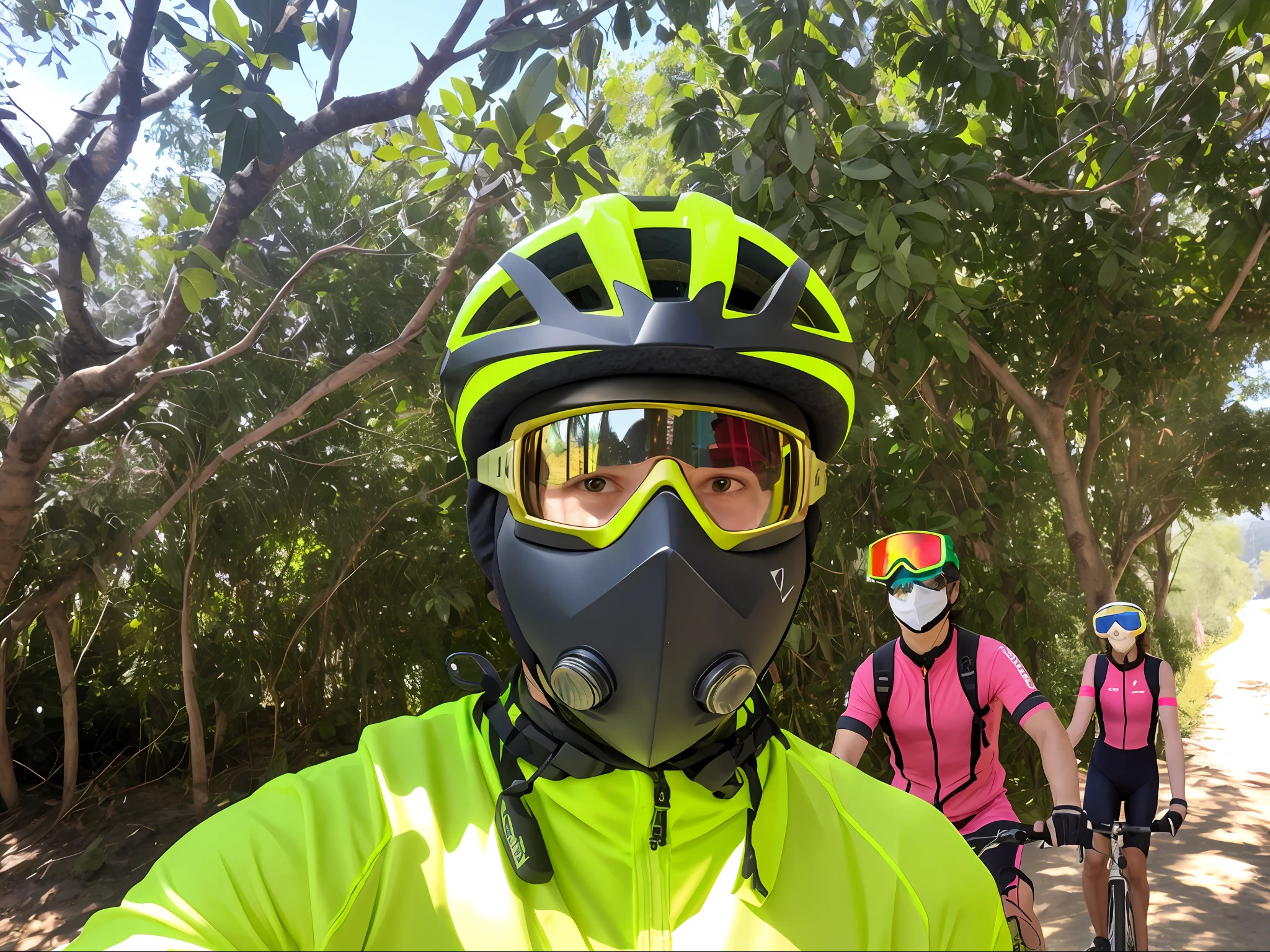 There's a man wearing a mask and goggles on a bicycle, wearing facemask and sunglasses, with neon visor, viseira sobre o rosto, viseira cobrindo os olhos, white helmet on head, ski mask, viseira escura cobrindo o rosto, Viseira verde, green face mask, viseira escura cobrindo a parte superior do rosto, wearing shiny black goggles, goggles around his neck, balaclava cobrindo o rosto