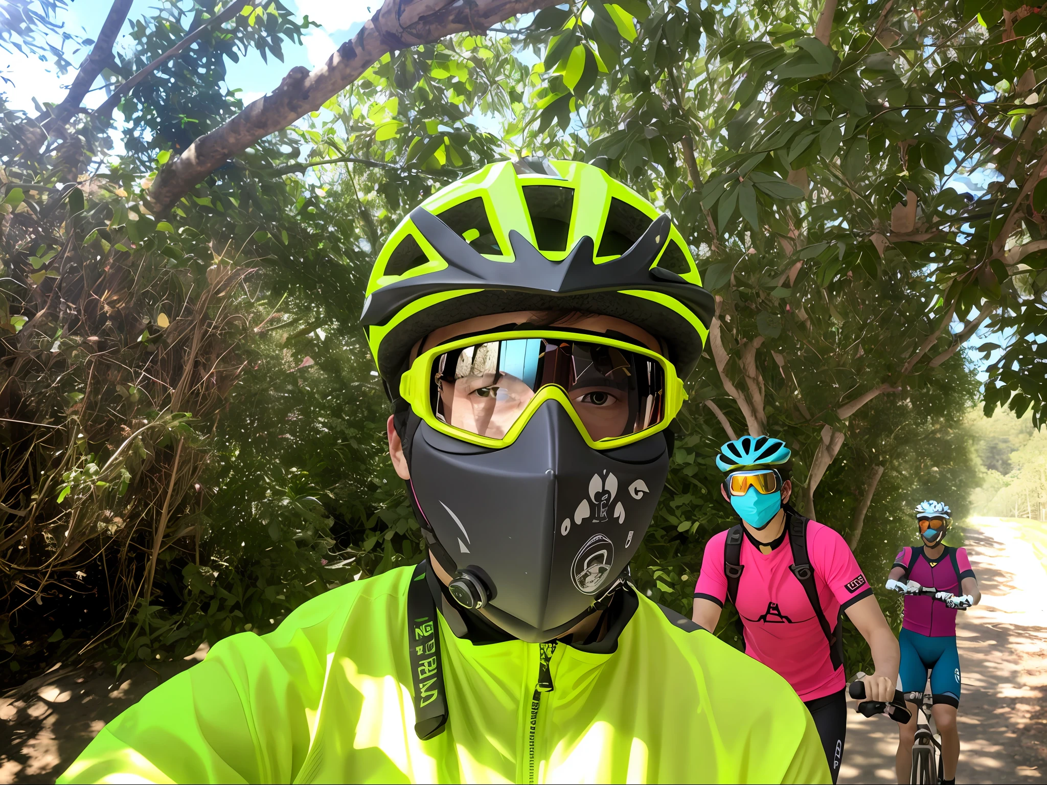 There's a man wearing a mask and goggles on a bicycle, wearing facemask and sunglasses, with neon visor, viseira sobre o rosto, viseira cobrindo os olhos, white helmet on head, ski mask, viseira escura cobrindo o rosto, Viseira verde, green face mask, viseira escura cobrindo a parte superior do rosto, wearing shiny black goggles, goggles around his neck, balaclava cobrindo o rosto