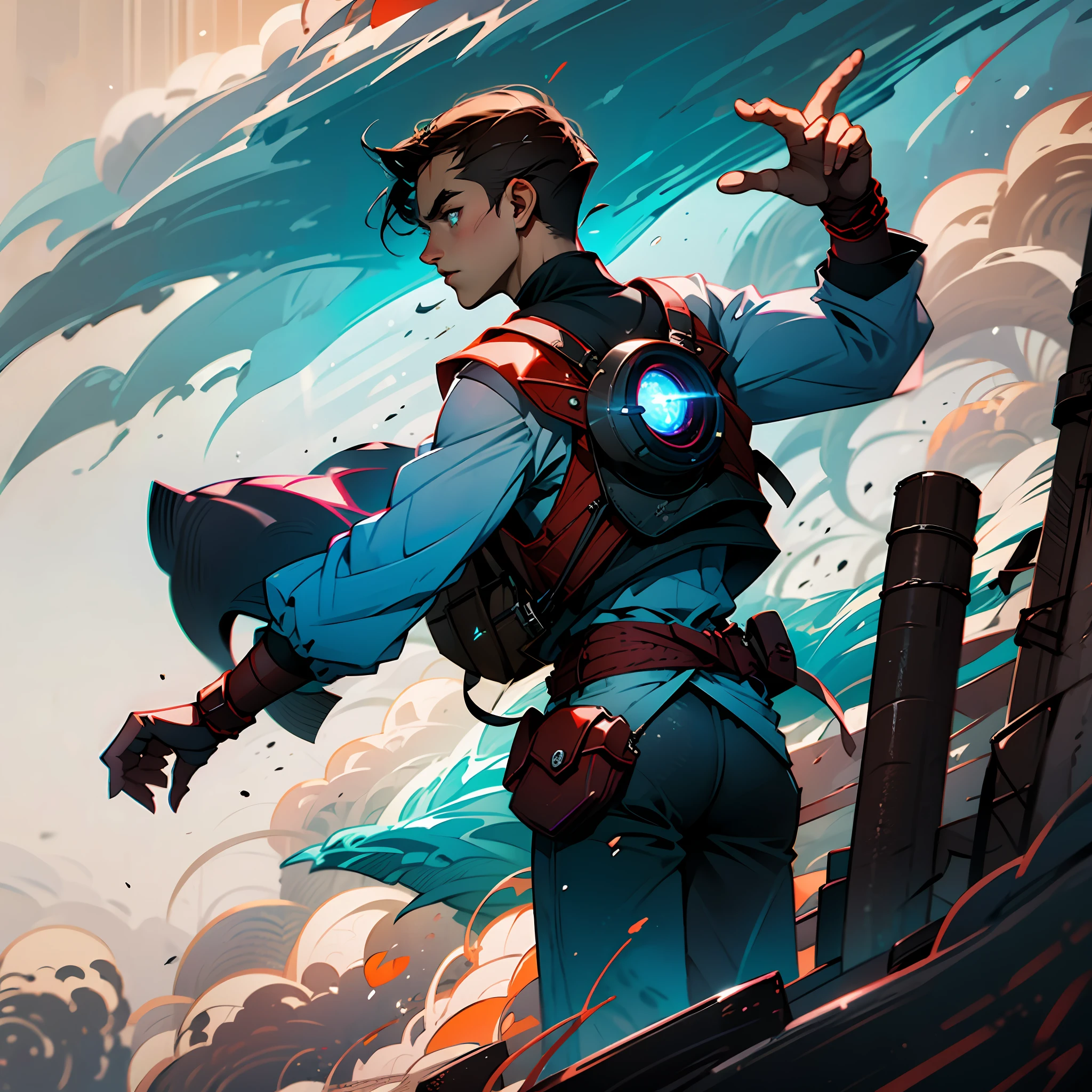 Male Youth，anime image，redheadwear，The light from the back window is backlighted，Black tight vest，No coat，There are scars on the body，With a weapon in his hand，There is a backpack around the waist，blue color eyes，Like the sea，frontage，The expression is cold，Sunset in background，Burning clouds，the sea，Characters make up more than two-thirds of the picture， --auto