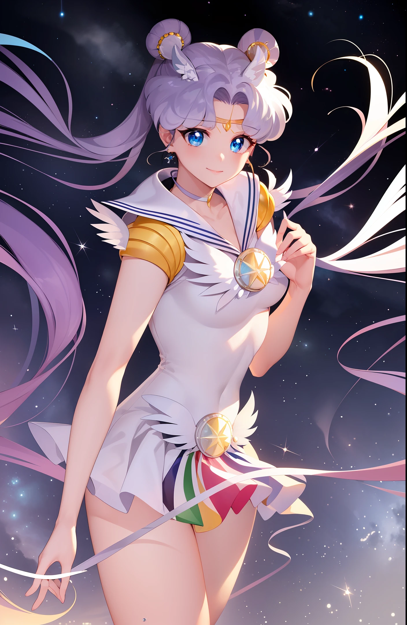 (Extreme detail CG Unity 8K wallpaper, masterpiece, highest quality), (exquisite lighting and shadow, highly dramatic picture, cinematic lens effect), (Sailor Moon: 1.1), charming smile, double tail, blue eyes, blond hair, tight top, white gloves, mini skirt, dynamic pose), the background is the universe (excellent detail, excellent lighting, wide angle), (excellent rendering, enough to stand out in its class),