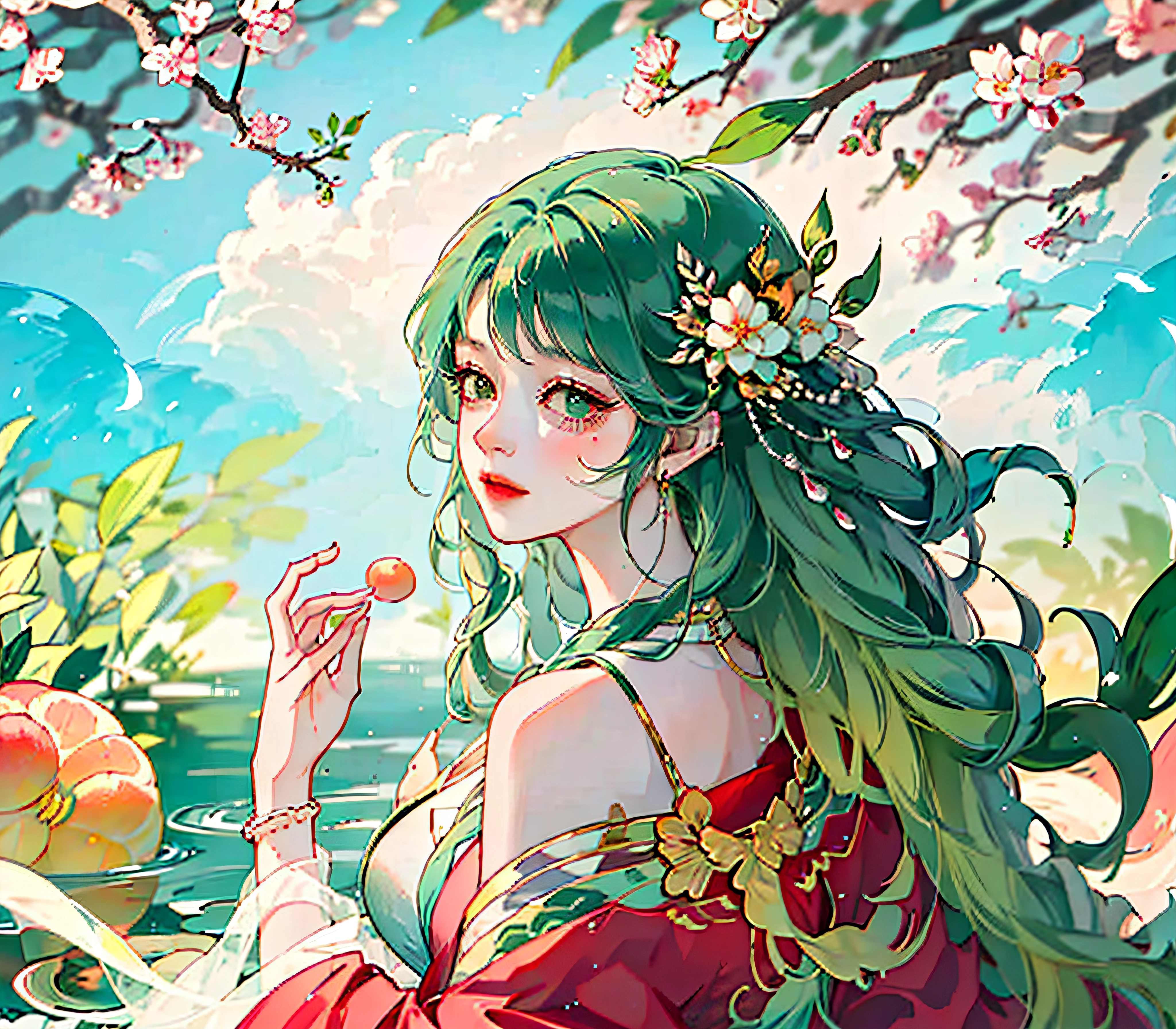 Still water flows deeply,Cangsheng Stepping Song Pink and green gradient flowing hair girl Red and green gradient hair God girl Clear facial portrayal Pure white simple dress Extremely smooth long hair Long hair Plant anthropomorphic Peach blossom source God girl Peach blossom embellishment Spectacular background Overgrowth