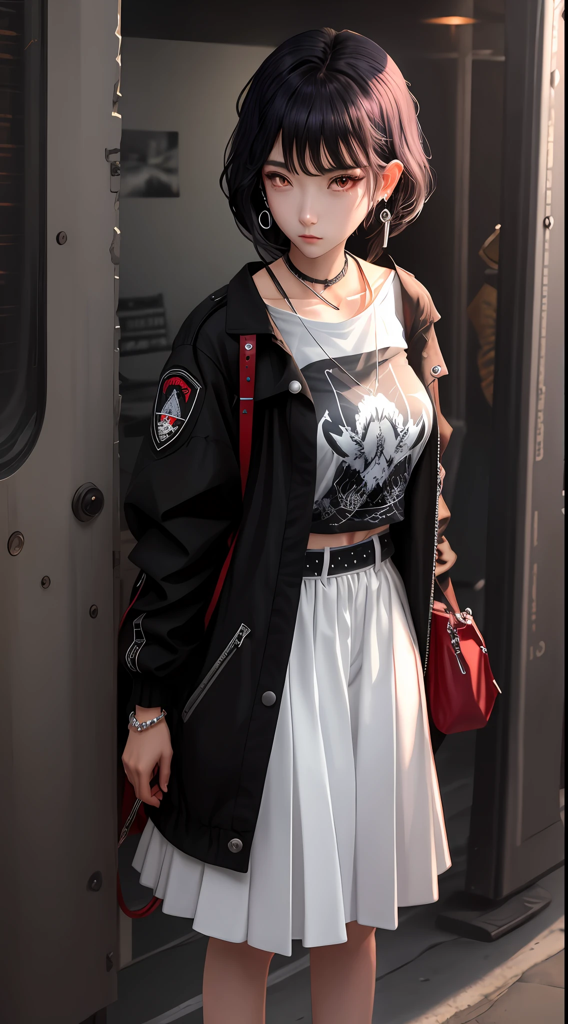 black hair, silver hair, bangs, hair spread out, goggles, red eyes, heart earrings, shy, Surrealism, 8k, super detail, high details, high details