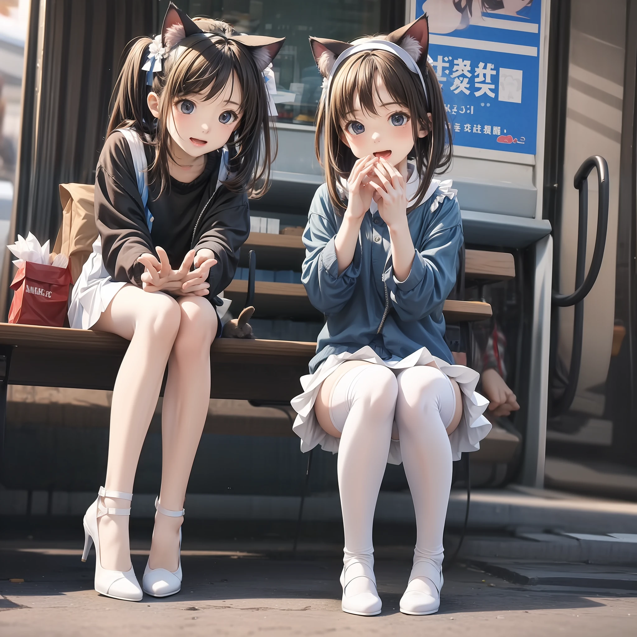 A little loli dressed in blue and white，Extremely shy and feminine posture ，Mouth open，The mouth seems to be longing，There are cat ears，nakeness，Cover private areas with your hands，Wear miniskirts and white stockings、stiletto