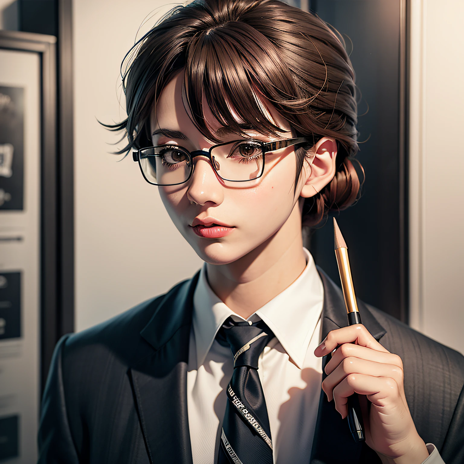 There was a man in a suit and tie holding a pencil, realistic anime artstyle, drawn in anime painter studio, anime realism style, Realistic anime 3 D style, Surrealism female students, Detailed digital anime art, Makoto Shinkai. a digital rendering, Surrealism female students, Smooth anime CG art, realistic art style, Realistic anime art style, Digital anime illustration