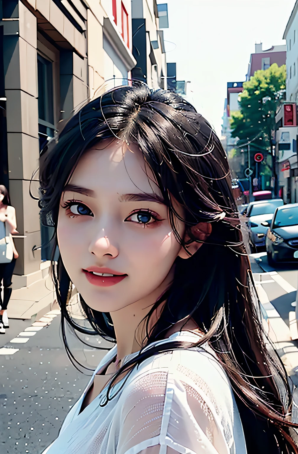 best qualtiy、masterpiece、photoRealstic、intricate-detail、Raw foto、Photon Rendering、Octane Rendering、absurderes、ultra-detailliert、A detailed face、Detailed skin、Trending in art stations、8K Masterpiece、lighting like a movie、( (1girl in))、((独奏) ))、((Behold))、CG Social Trends、Plastic En、((Black Long Hair))、((Beautuful Women))、(A smile)、show the grinps、Upper teeth、Fashionable、summer clothing、Hair that flutters in the wind、((Flowing hair))、fashion magazine、A sexy、((lighting like a movie))、((angling))、