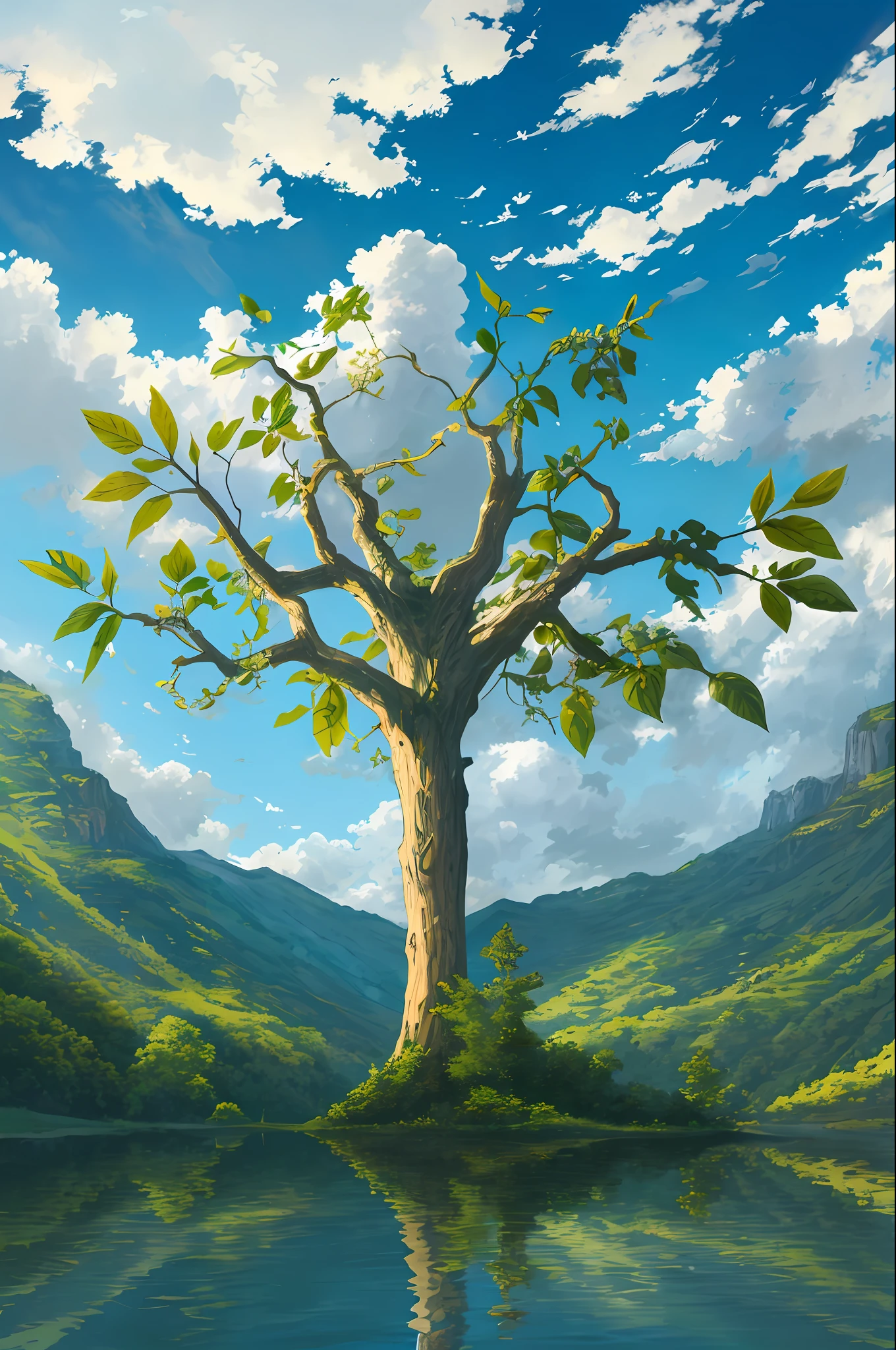 ADD LIGHT BLUE CLOUDS, LIGHT GREENISH LEAVES